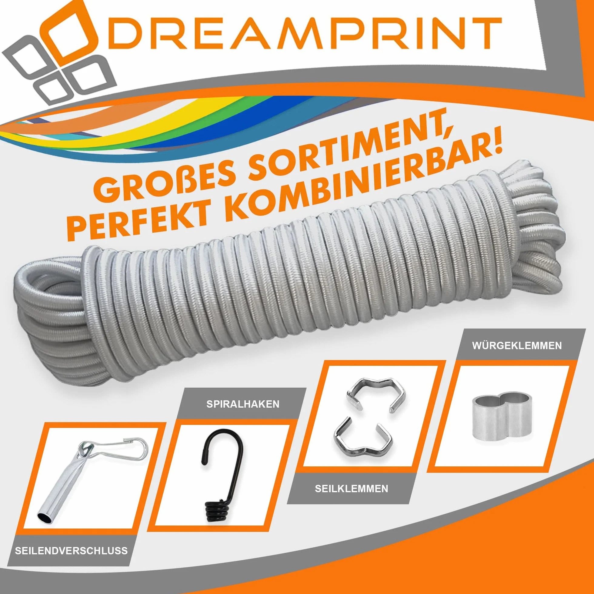 Dreamprint Espansore Corda 10m Grigia - Corda elastica versatile da 8mm Ø per interni ed esterni - Flessibile per fissaggio carico, coperture, campeggio e attività all'aperto