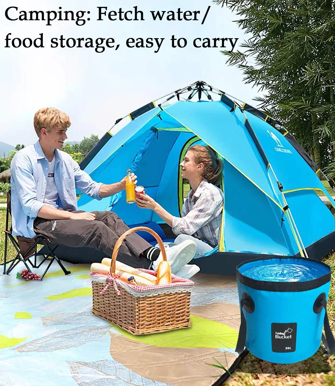 Secchio Pieghevole,12 e 20 Litri Secchio da Pesca Pieghevole Portatile Multifunzionale - Secchio Pieghevole per lavabo - Contenitore dell'Acqua per la Pesca-Campeggio-Giardinaggio (12L, Blu)