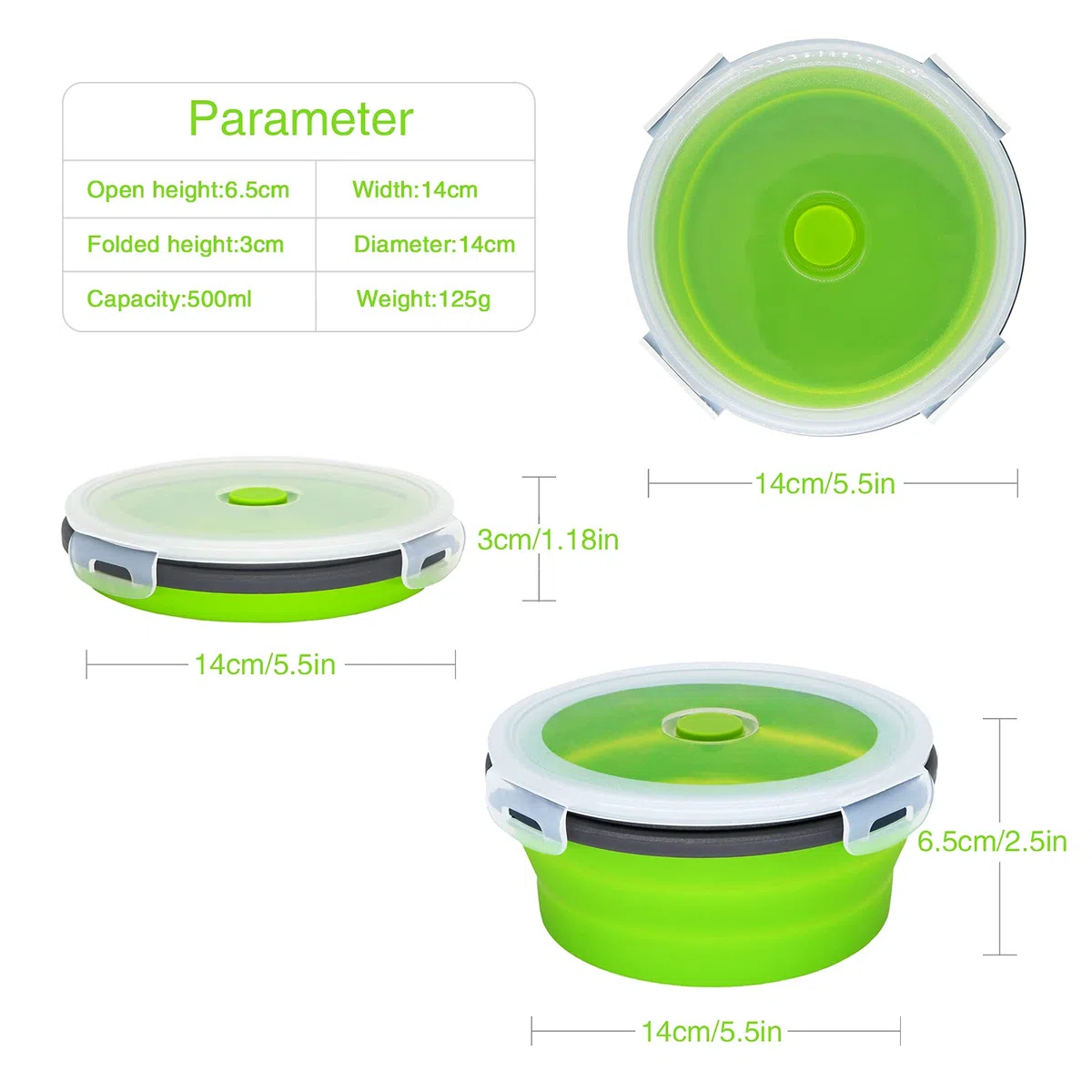 NEUSID Ciotola da campeggio portatile, in silicone, pieghevole, con coperchio, per viaggi, campeggio, escursionismo, picnic, cucina, 500 ml, verde