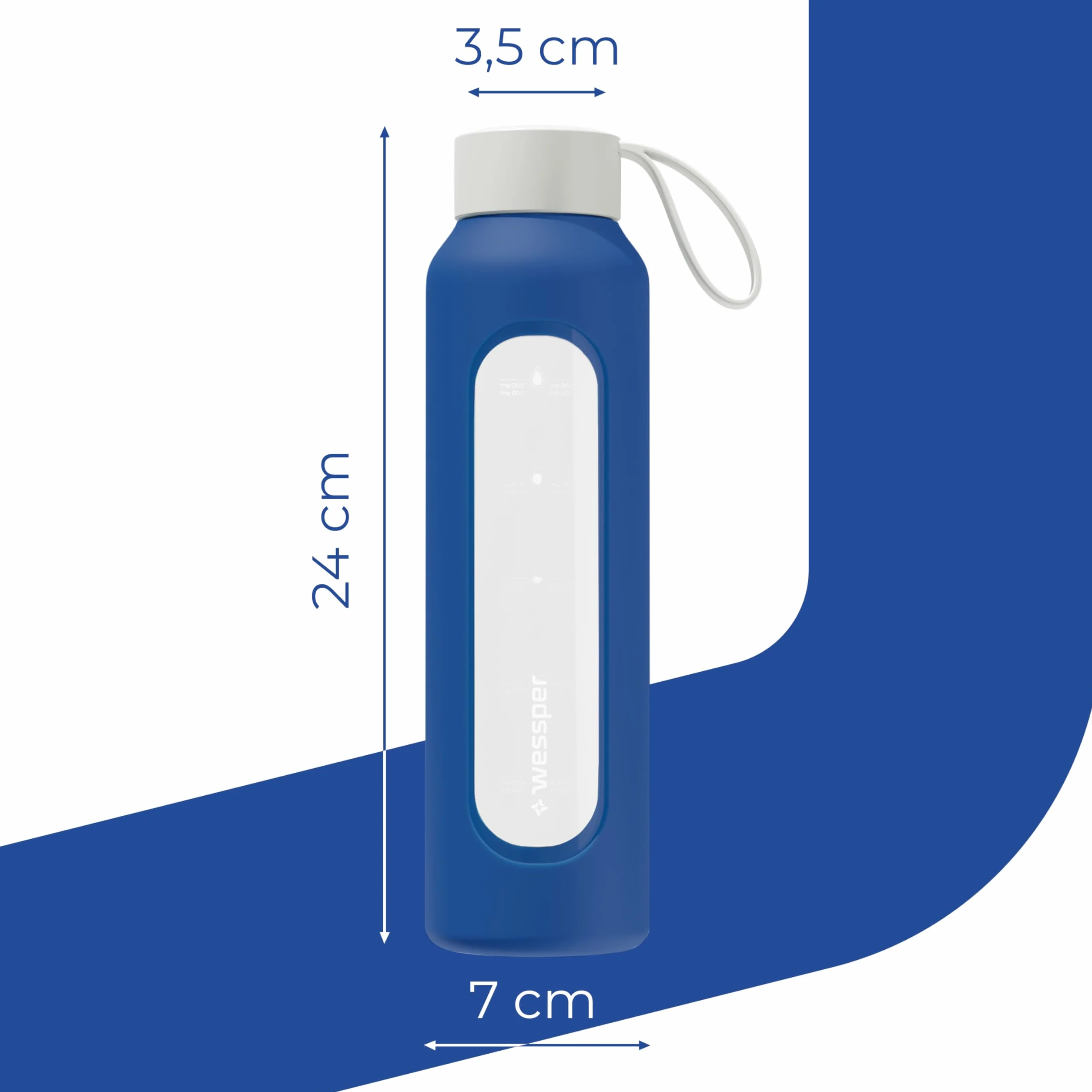 Wessper Borraccia 500 ml, bottiglia motivazionale in vetro borosilicato con custodia in silicone, senza BPA – Blu