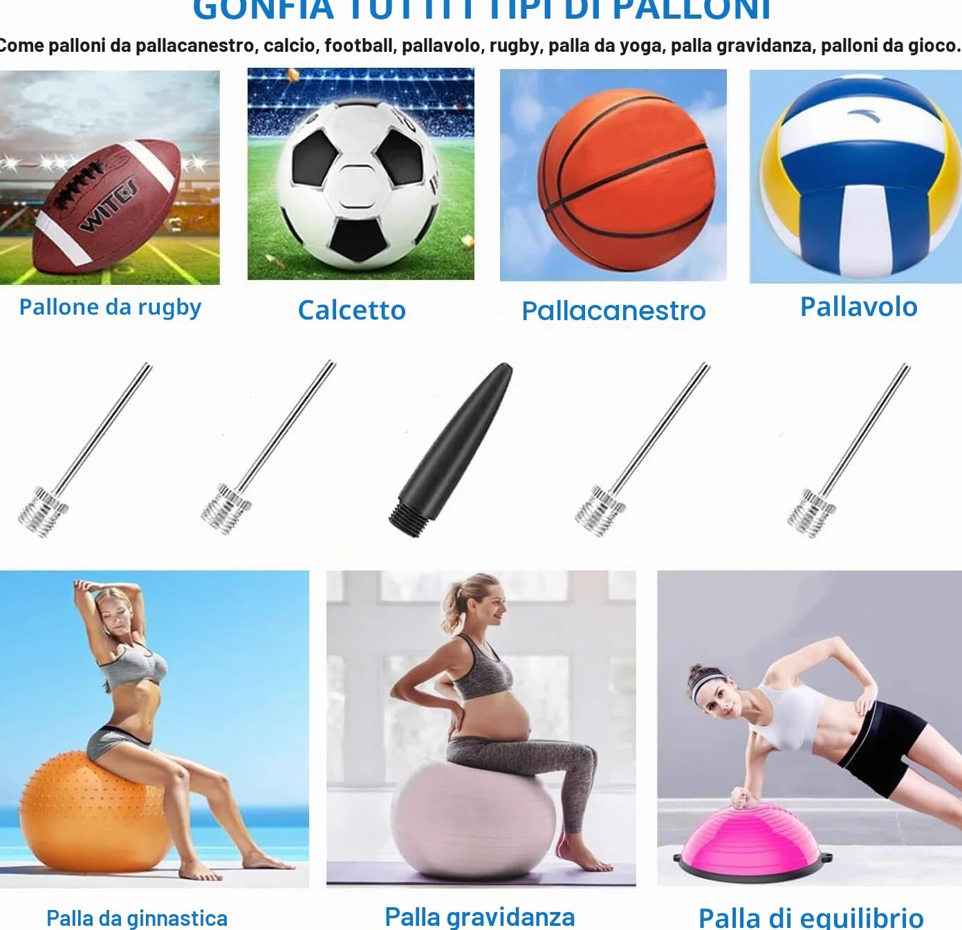 Pompa da calcio manuale con 5 aghi e cavo estensibile per palloni da calcio, pallacanestro, pallavolo