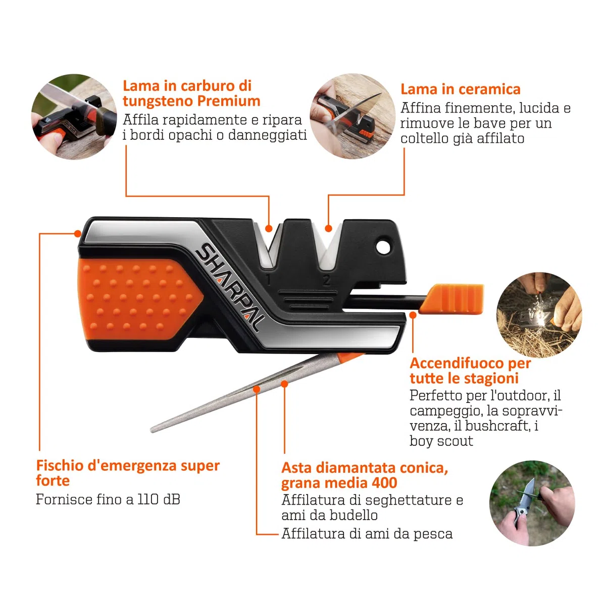 SHARPAL 101N 6 in 1 Portatile Affilacoltelli con Accendifuoco, Fischietto e Barra Affilatrice Diamantata, Risanare e Levigare Rapidamente Lame Dritte e Dentellate, Outdoor e Coltelli da cucina