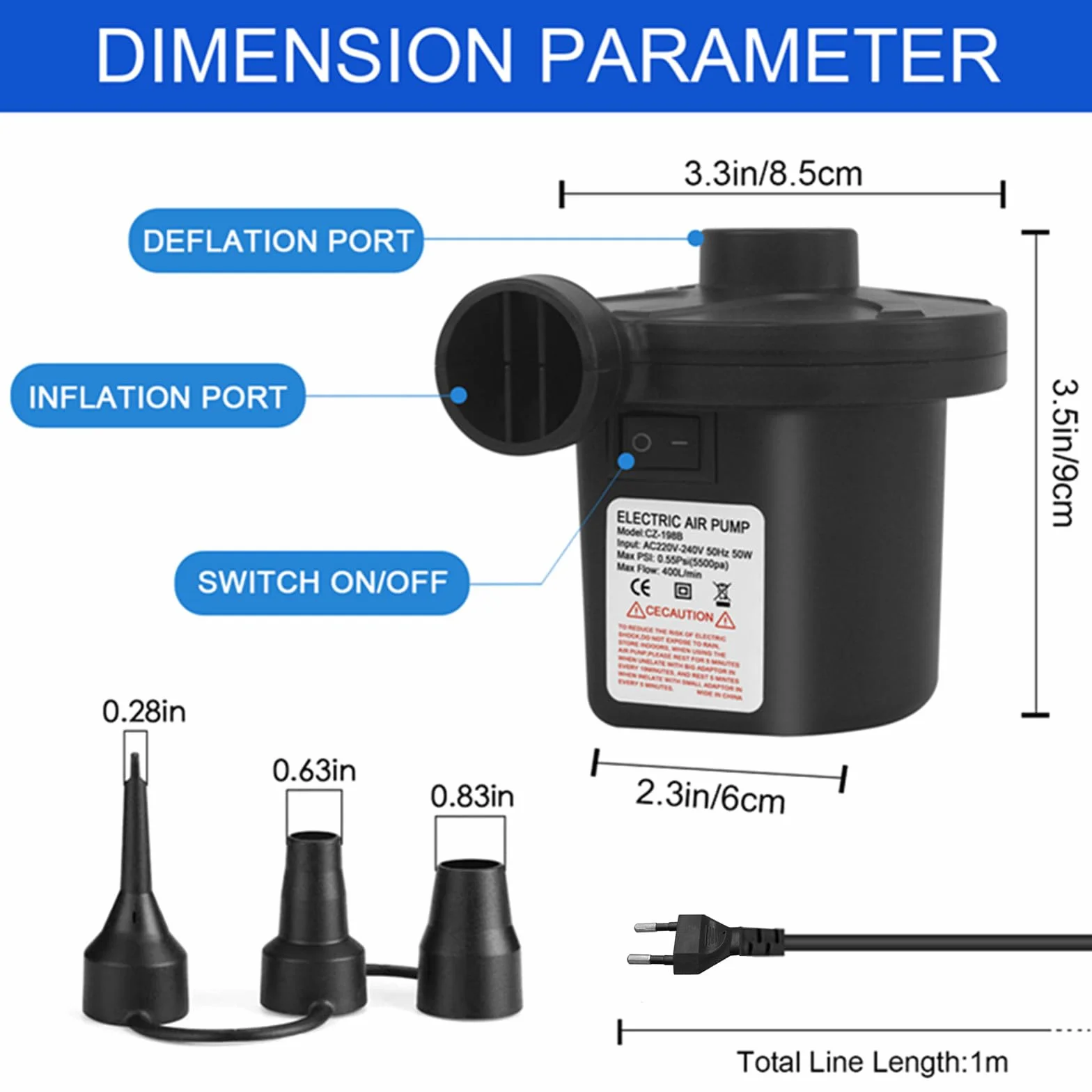 Pompa Elettrica Portatile Gonfiatore per Materasso Gonfiabile 3 Ugelli Aria Campeggio