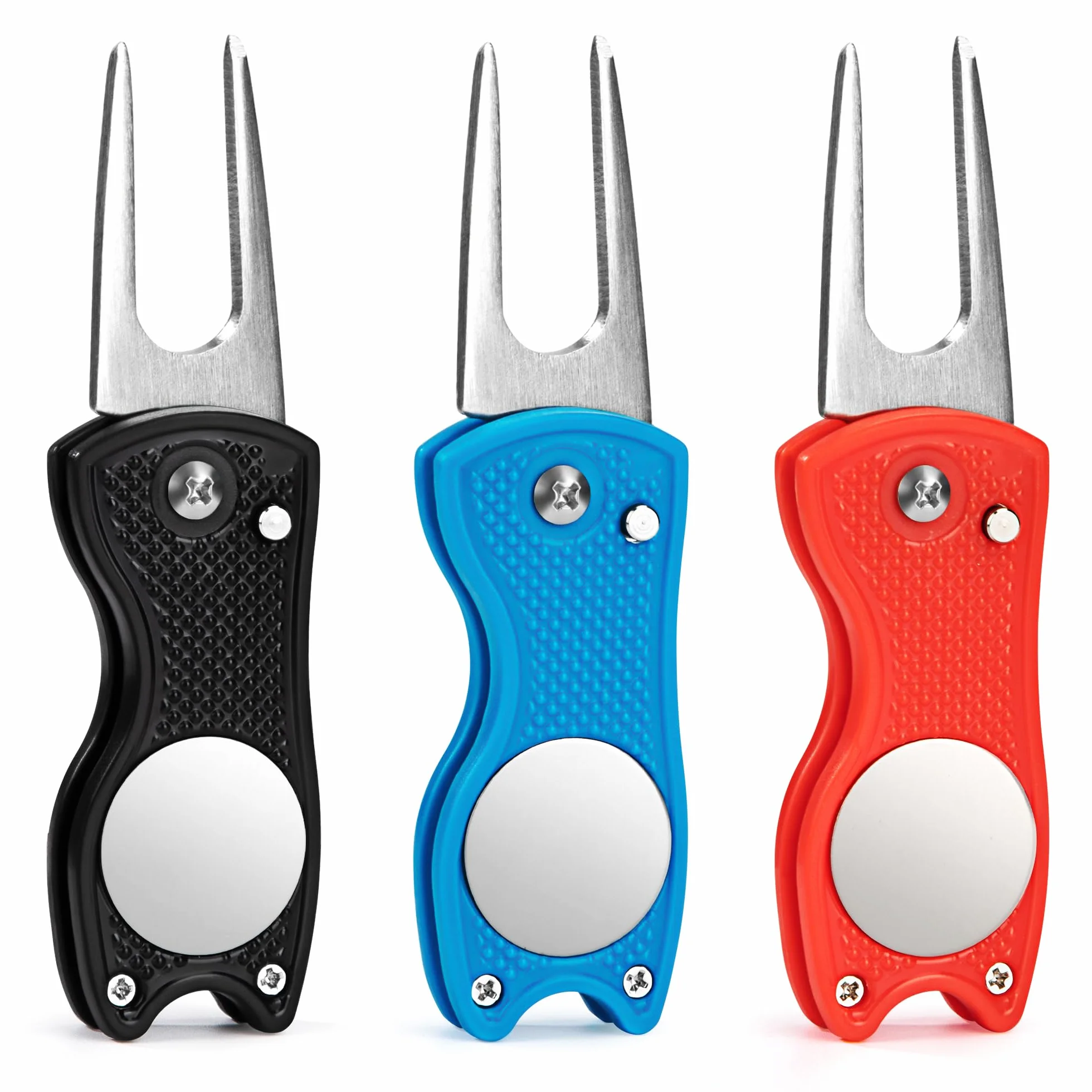 Forcelle da Golf, 3 Pezzi Strumento di Riparazione Divot Golf Marcatore Pallina Pieghevole, Golf Divot Repair Tool in Acciaio Inox con Pulsante Pop-up e Indicatore Magnetico Sfera, Blu Rosso Nero