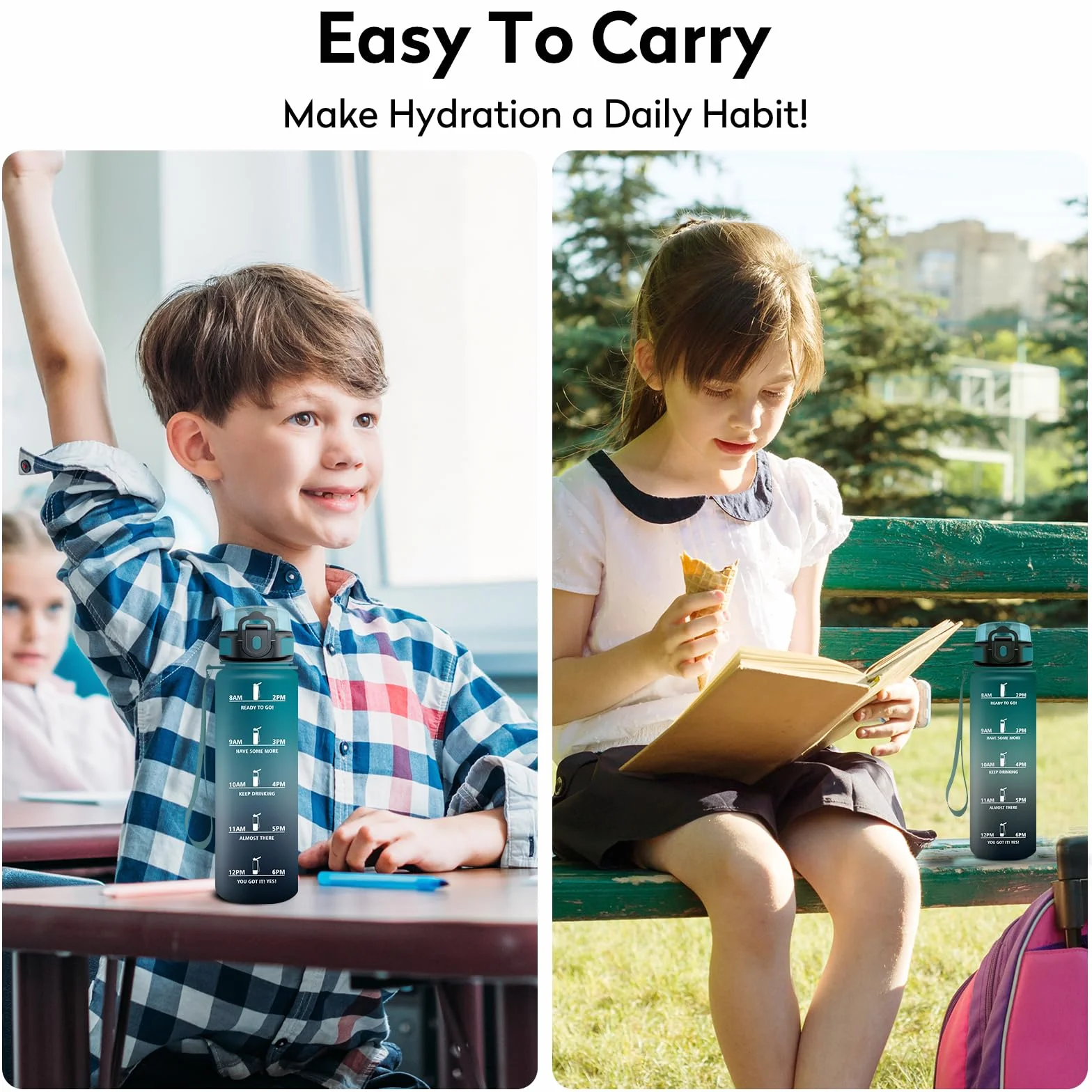 KollyKolla Borraccia 500ml Riutilizzabile con Filtro, Indicatore del Tempo, Senza BPA, A Prova di Perdite per Bambini Scuola Ufficio