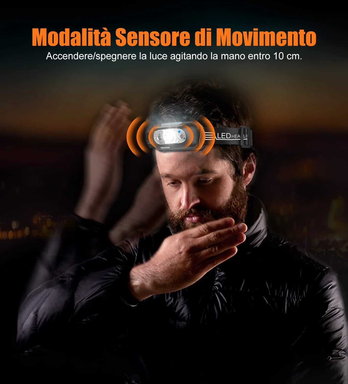 Lampada frontale a LED con sensore di movimento IPX6 impermeabile ricaricabile USB 4 modalità