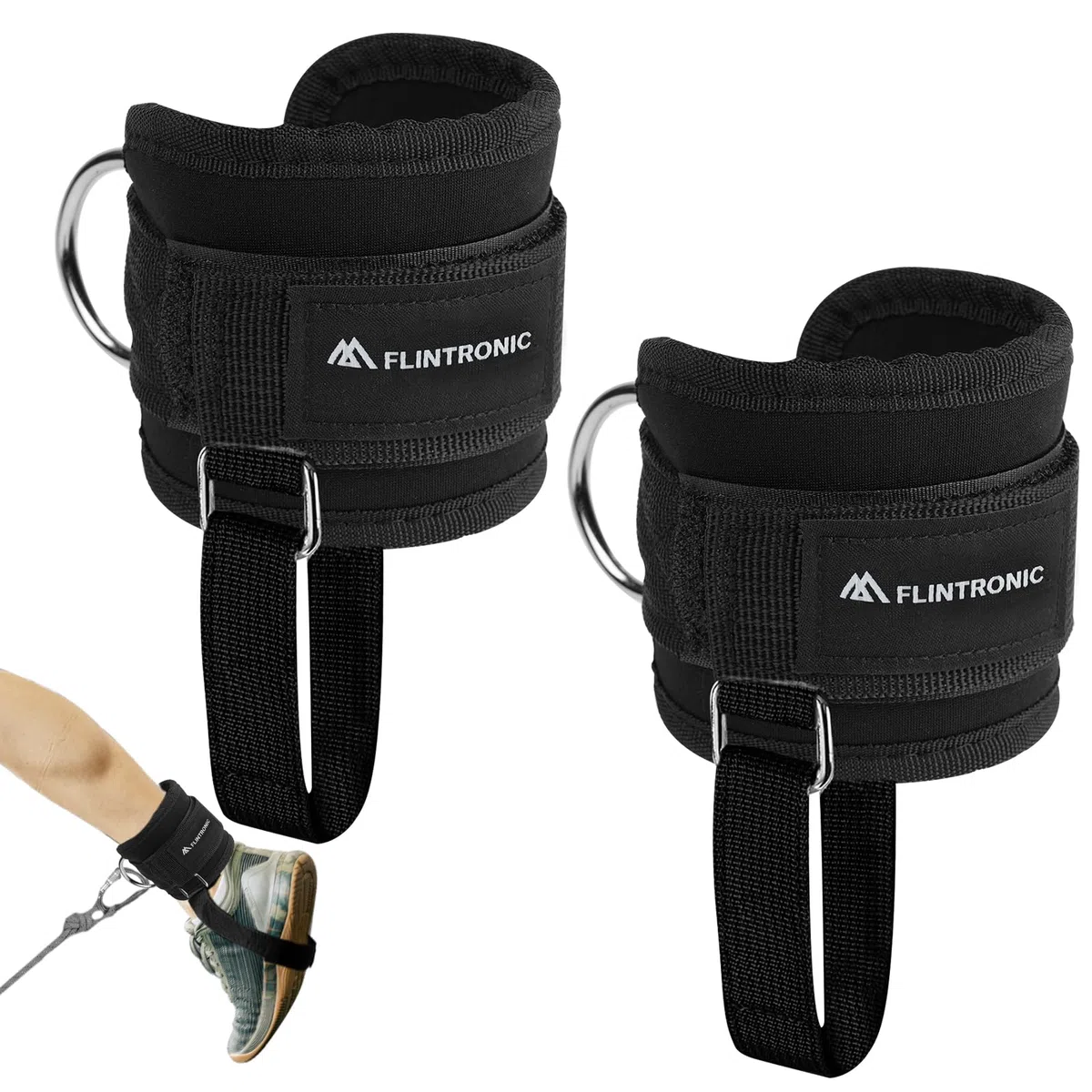 flintronic Cavigliere Cavi Palestra, 1 Paio Cavigliere Puleggie con Doppio D Anello, Palestra Cavigliera Regolabile con Cinturino Aggiuntivo per Il Piede, Allenamento Glutei Esercizi Gambe