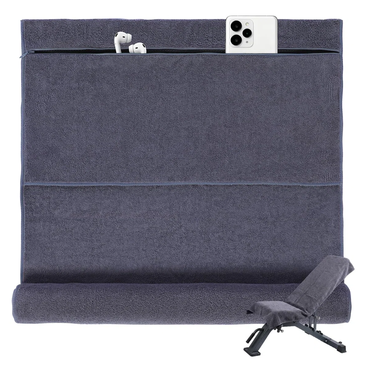 Asciugamano da Palestra 135x50cm Microfibra ad Assorbimento Rapido e Asciugatura Veloce Tasca con Cerniera per Cellulare Chiavi Cuffie e Accessori per Palestra Yoga Sport all'aperto (Grigio Scuro)