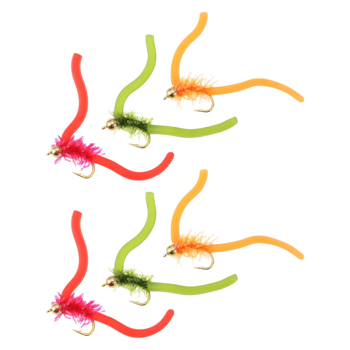 6x Esche Da Pesca Con Perline Di Tungsteno Squirmy Worms Rosse Arancioni E Verdi Taglia 12 Amo