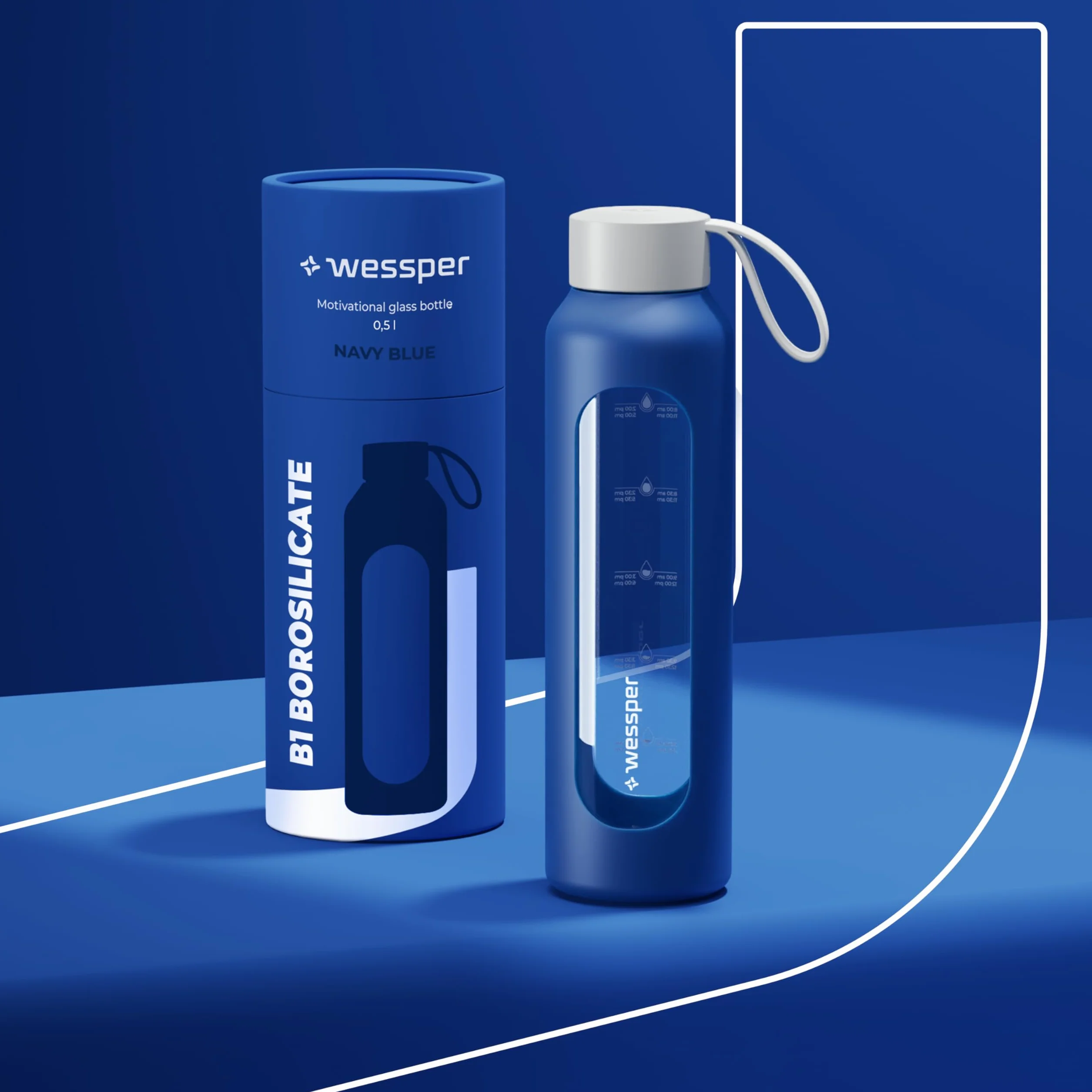 Wessper Borraccia 500 ml, bottiglia motivazionale in vetro borosilicato con custodia in silicone, senza BPA – Blu