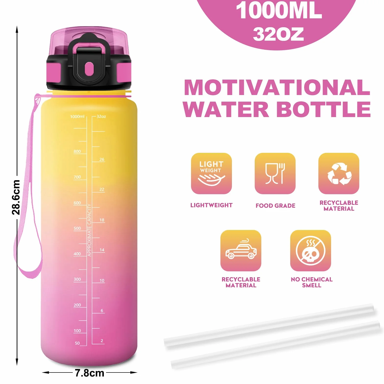 Borraccia 1L con Cannuccia, Bottiglia Acqua senza BPA con Marcatori Temporali per Scuola Ufficio