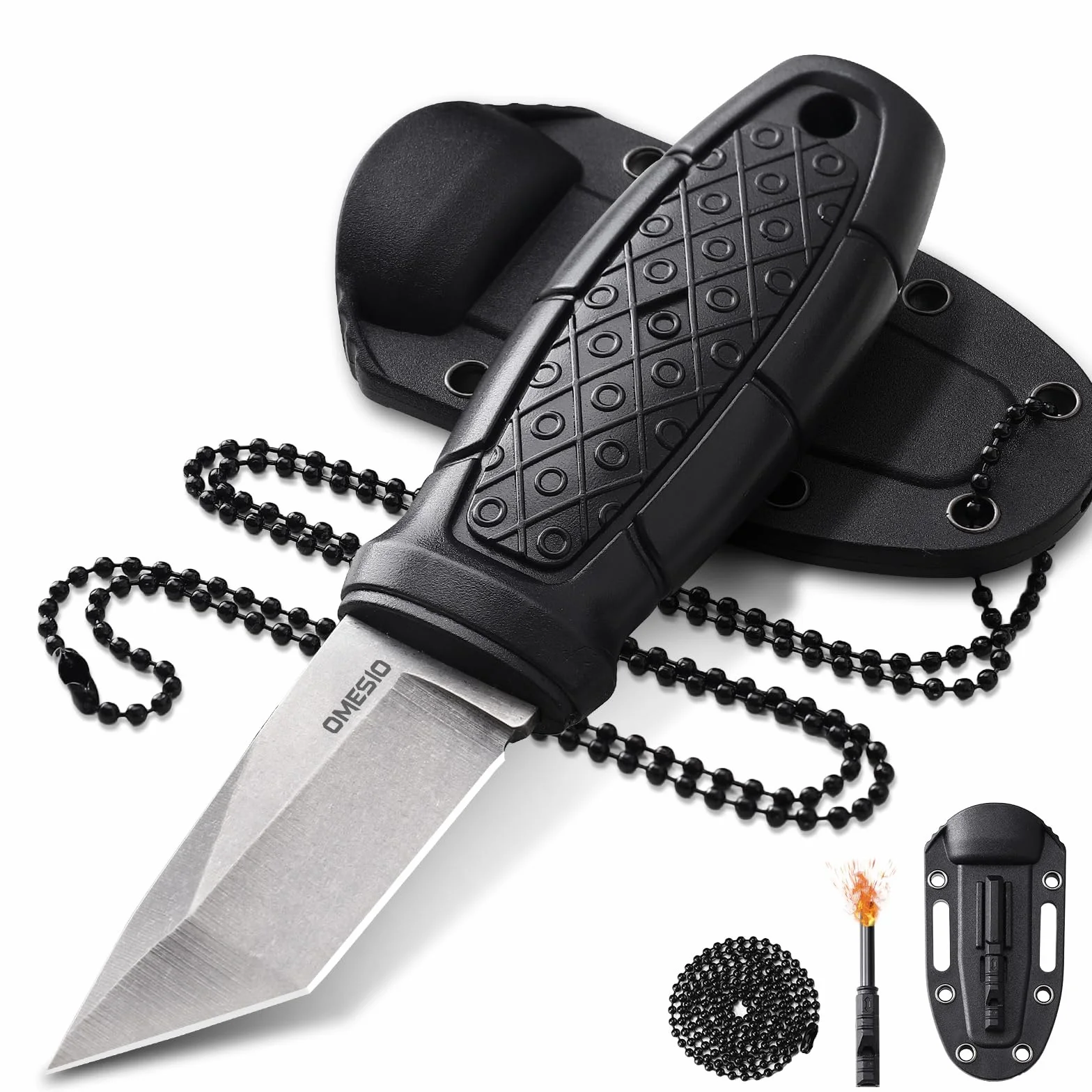Omesio Coltello Da Caccia Tanto, Coltello Da Esterno Con Lama Da 6 Cm EDC, Manico in PP Con Lama in Acciaio 5cr14mov, Fodero in ABS, Catena a Sfere,Unisex, Adatto Per Escursionismo e Campeggio