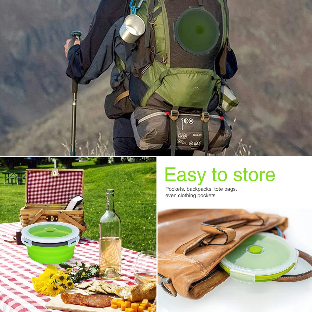 NEUSID Ciotola da campeggio portatile, in silicone, pieghevole, con coperchio, per viaggi, campeggio, escursionismo, picnic, cucina, 500 ml, verde