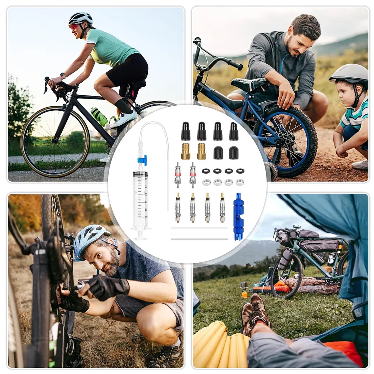 Siringa Tubeless per Bicicletta – 60 ml Kit Riparazione Pneumatici Bici, 29 Pezzi Sealant Injector Set per MTB e Bici da Strada, incl, Rimozione del Nucleo della Valvola