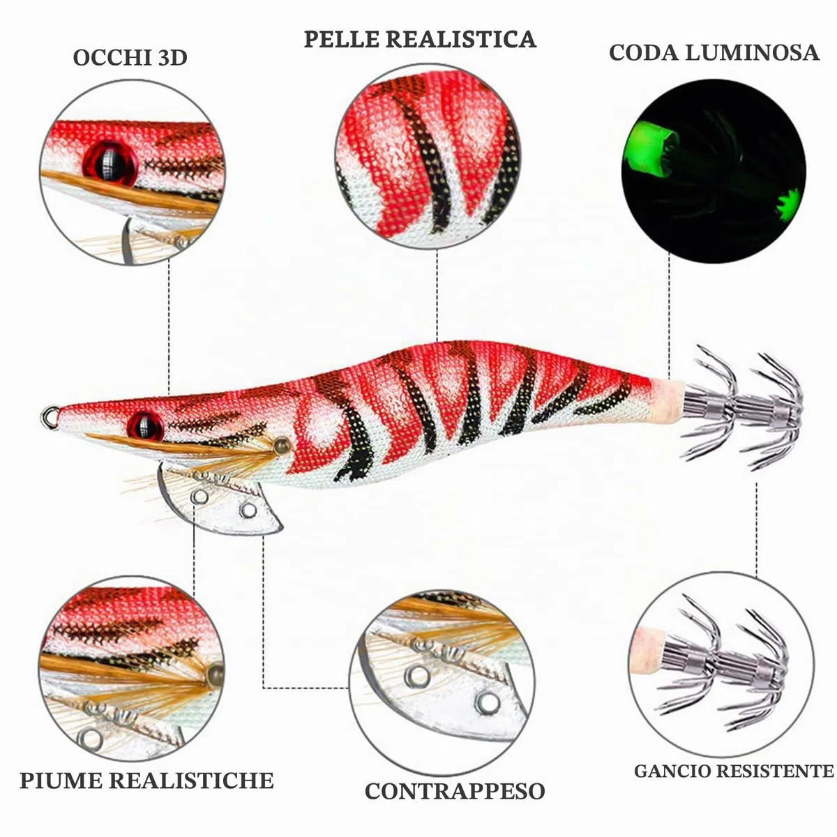MagiSel Esche luminose pesca seppie, 4 Pcs esca per la pesca di calamari polpo esca per gamberetti, Ami per calamari di gamberetti, Esca per calamari di gamberetti, Esca per gamberetti esche