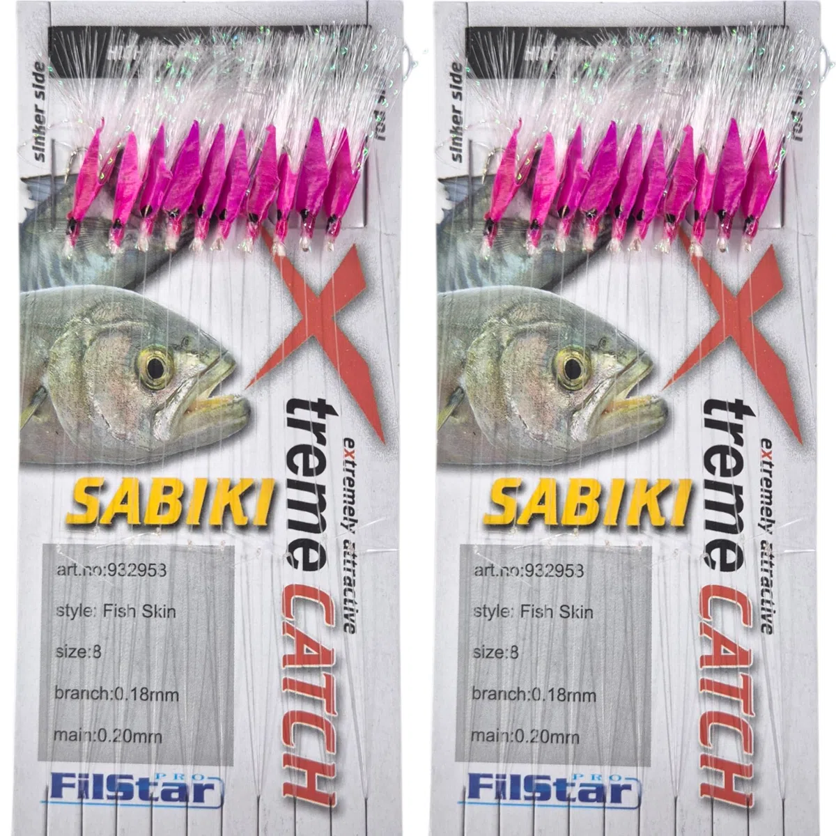 Set di 2 Sabiki Pelle di Pesce Rig - Set 10 Ami da Pesca N8 - Filo da Pesca Fluorocarbon DIA0,25mm - Fish Skin - Esche Artificiali - Esche da Pesca Mare per Sgombro - Pesca Accessori – Kit
