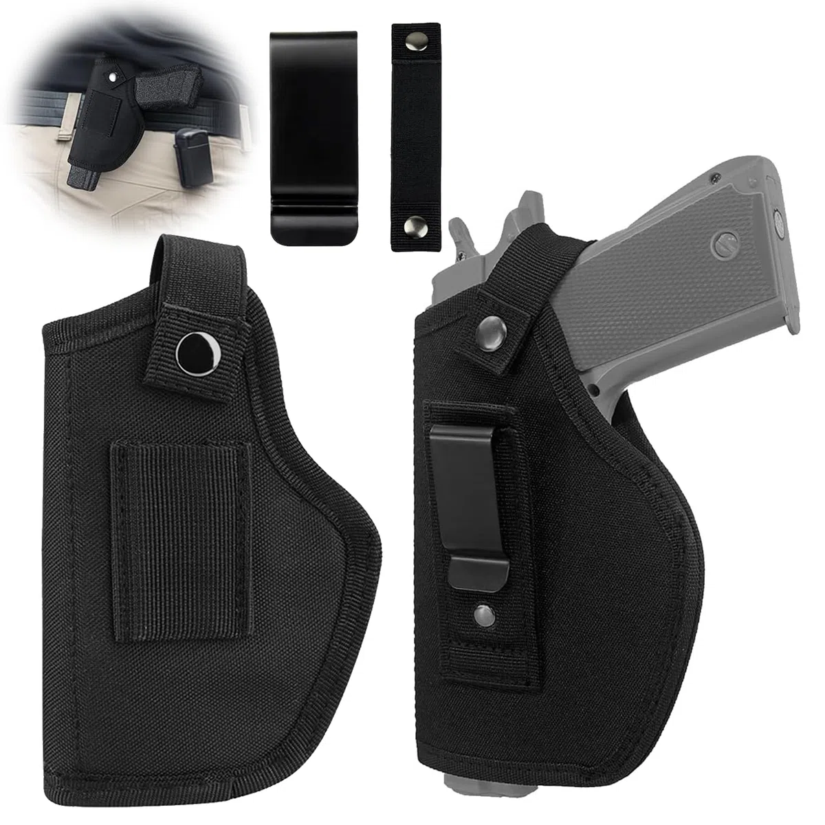 2 Pezzi Fondina per Pistola Nascosta, Pistola Interna o Esterna per Mano Sinistra e Destra, Pistole Tattiche Holster, Nylon Fondina da Trasporto Nascosta, Nero
