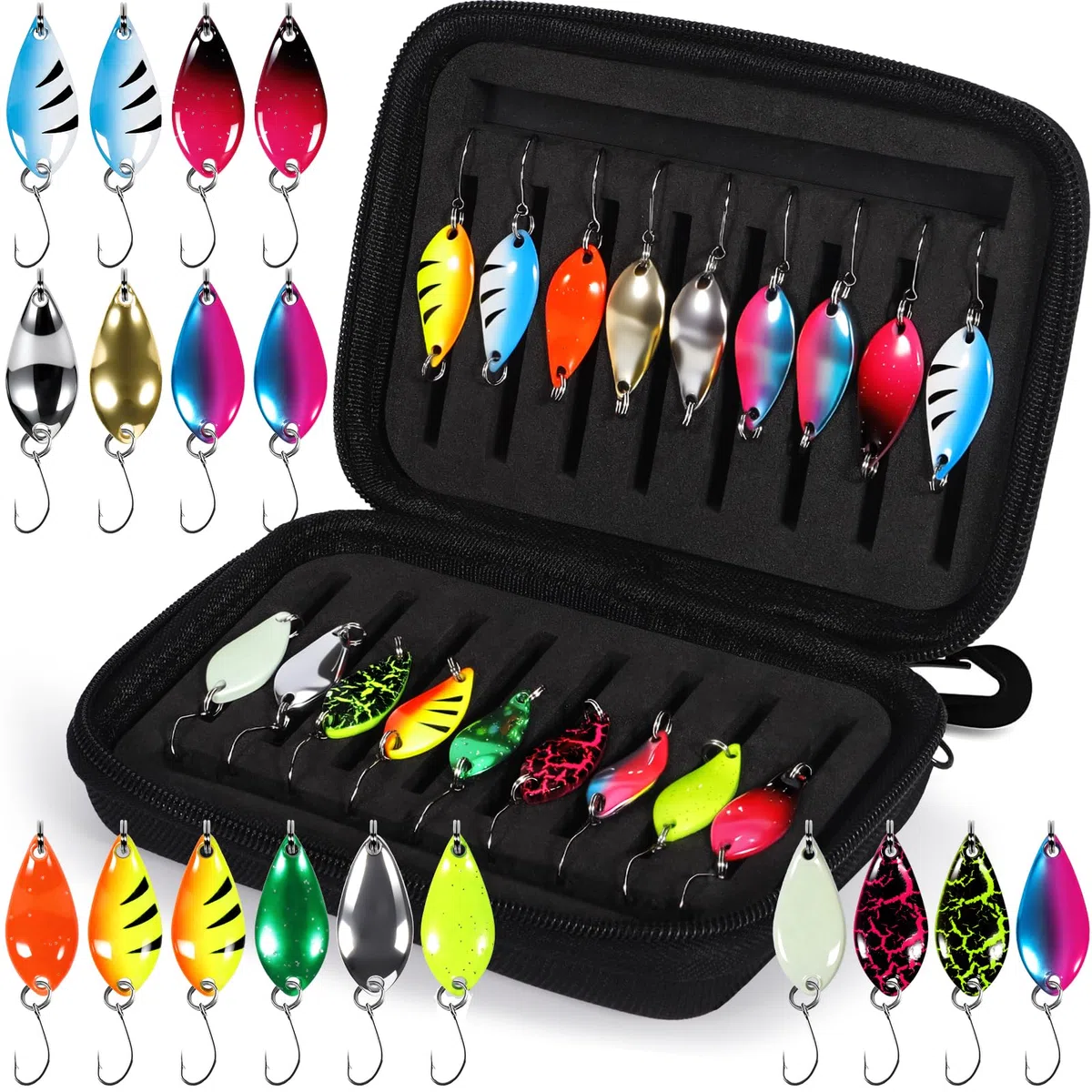 Esche Artificiali Spinning,18 Pezzi Cucchiaini da Pesca Esche,Cucchiaini Pesca da 2,5 g/3,5 g/5 g,Esche da Pesca con Borsa Portatile per Trota,Persico,Luccio