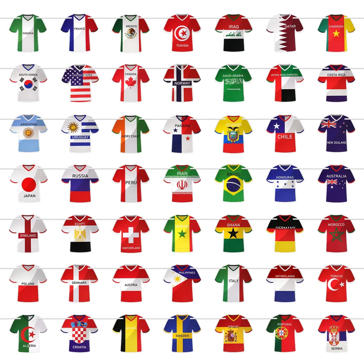 Decorazioni per i Mondiali 2026, bandierine in stile maglia, ghirlande con le maglie di tutte le squadre per feste a tema calcio, vivaci gagliardetti internazionali per fan zone, bar, tailgate e fest
