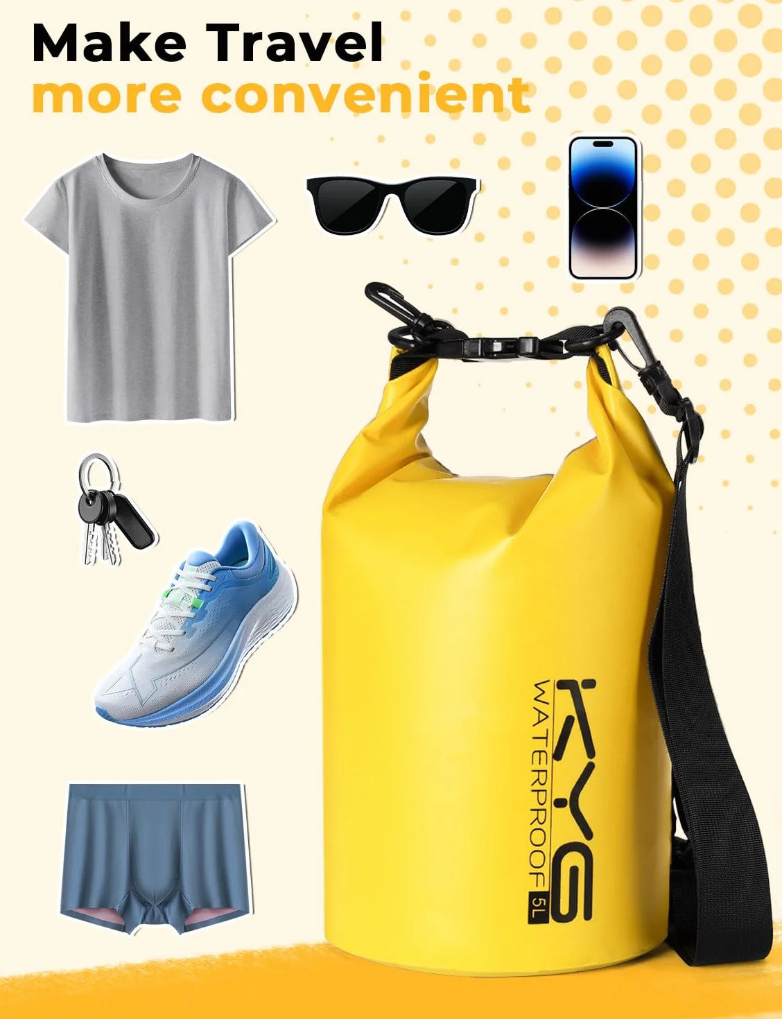 KYG Borsa Impermeabile, 2L/5L/10L Sacca Stagna in PVC, Saldata senza Cuciture – Leggera, Resistente e Galleggiante per Rafting, Trekking Fluviale, kayak, Spiaggia e Campeggio 5L Giallo
