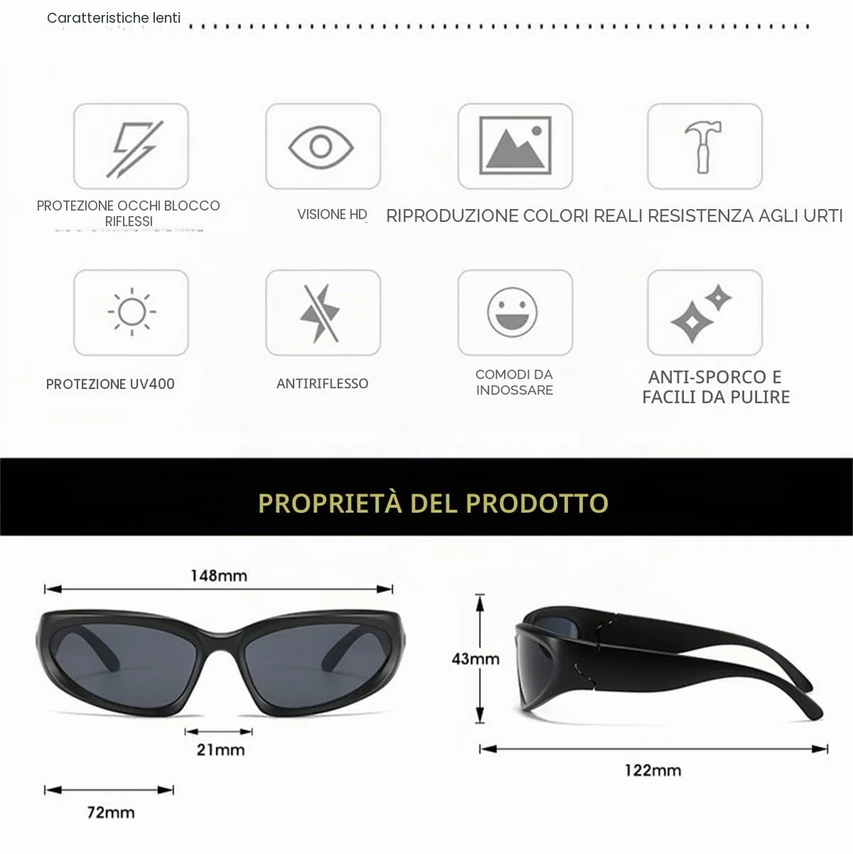 Occhiali da Sole Sportivi Avvolgenti Unisex, Sunglasses Ciclismo Protezione UV400, Y2K Occhiali Sole Avvolgente Futuristici Antivento Antipolvere Sunglasses per Feste Guida Pesca Ciclismo, 1 Paio