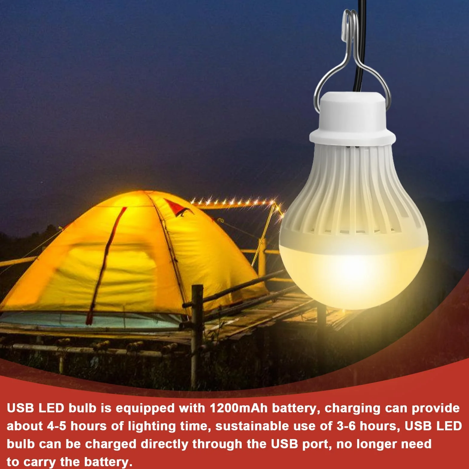 Set di 2 lampade da campeggio LED USB ricaricabili 7 W - Lampada da tenda con intensità variabile - 3 modalità di illuminazione 2700-5000 K - Luce di emergenza con gancio - Funziona con pile