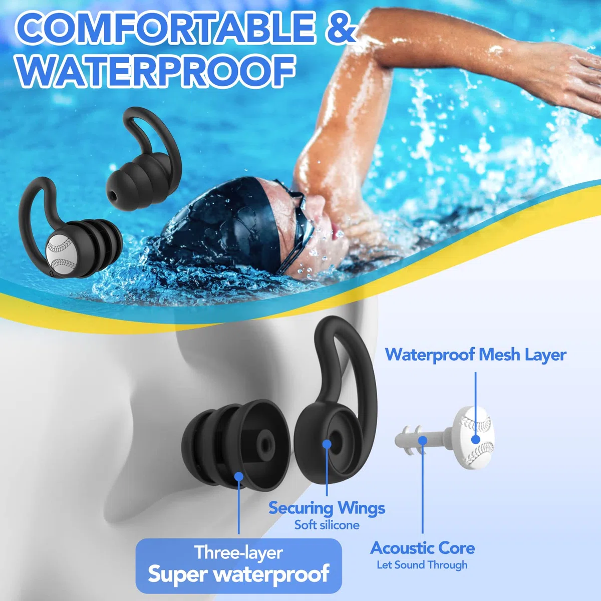 Tappi per le orecchie da nuoto per adulti, impermeabili, riutilizzabili, in morbido silicone, per doccia, nuoto, surf, snorkeling e altri sport acquatici (3 paia)