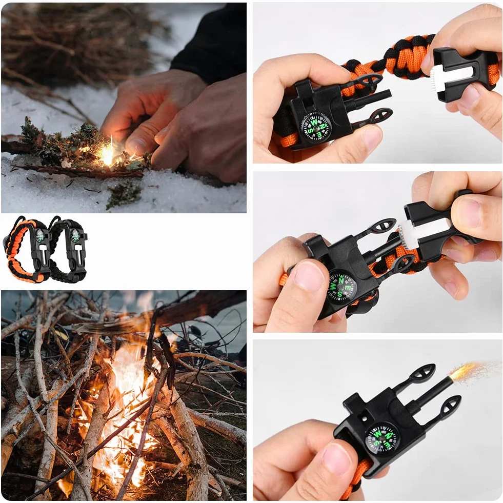 flintronic Braccialetto Paracord Sopravvivenza Kit, Bracciale Sopravvivenza, Braccialetto Sopravvivenza, con Flint/Lampada/Bussola/Termometro/Fischietto, Kit di Emergenza per Escursionismo Campeggio