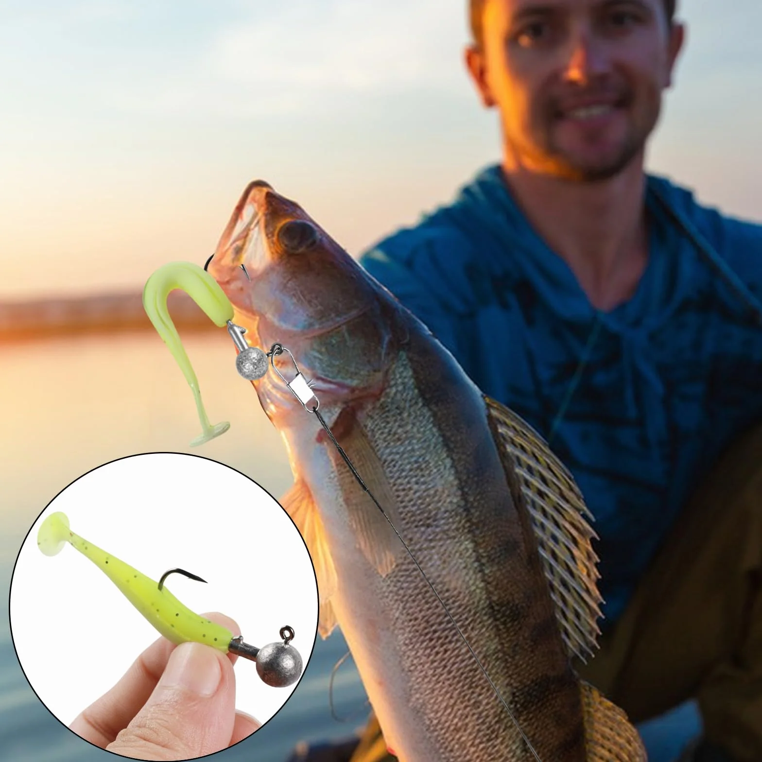 58 Pz / 6 Dimensioni Teste di Jig con esche di gomma 10g/7g/5g/3,5g/1,8g/1g Ganci da pesca con palline di piombo rotonde Esche morbide realistiche bicolori per acqua dolce salata per persico