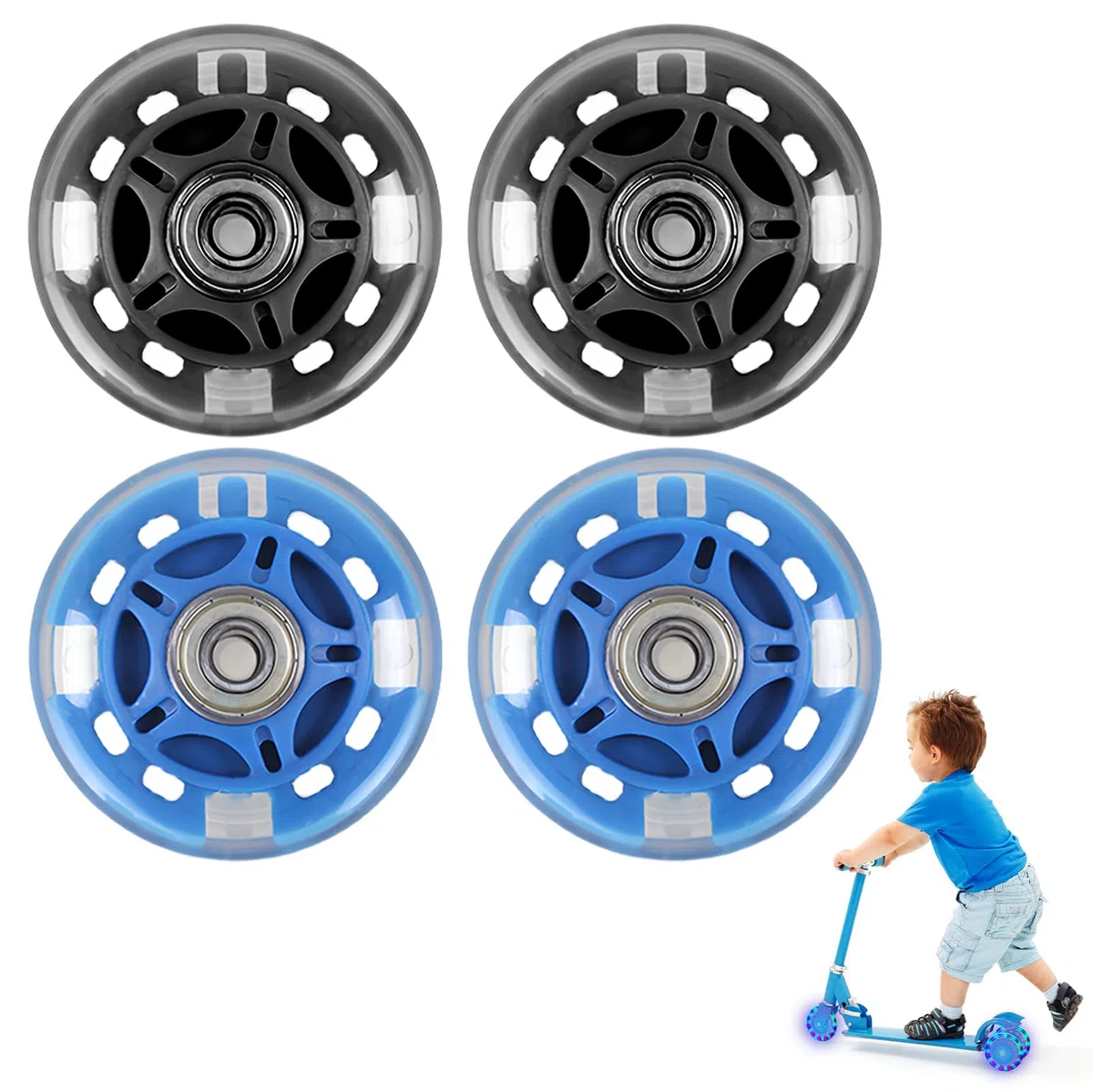 4Pcs Ruota per Monopattino 80MM, Ruote Luminose per Scooter, Ruote di Ricambio per Scooter 80MM, Stunt Scooter Ruote, con Cuscinetti a Sfera ABEC-9, Unisex Adulto (Blu + Nero)