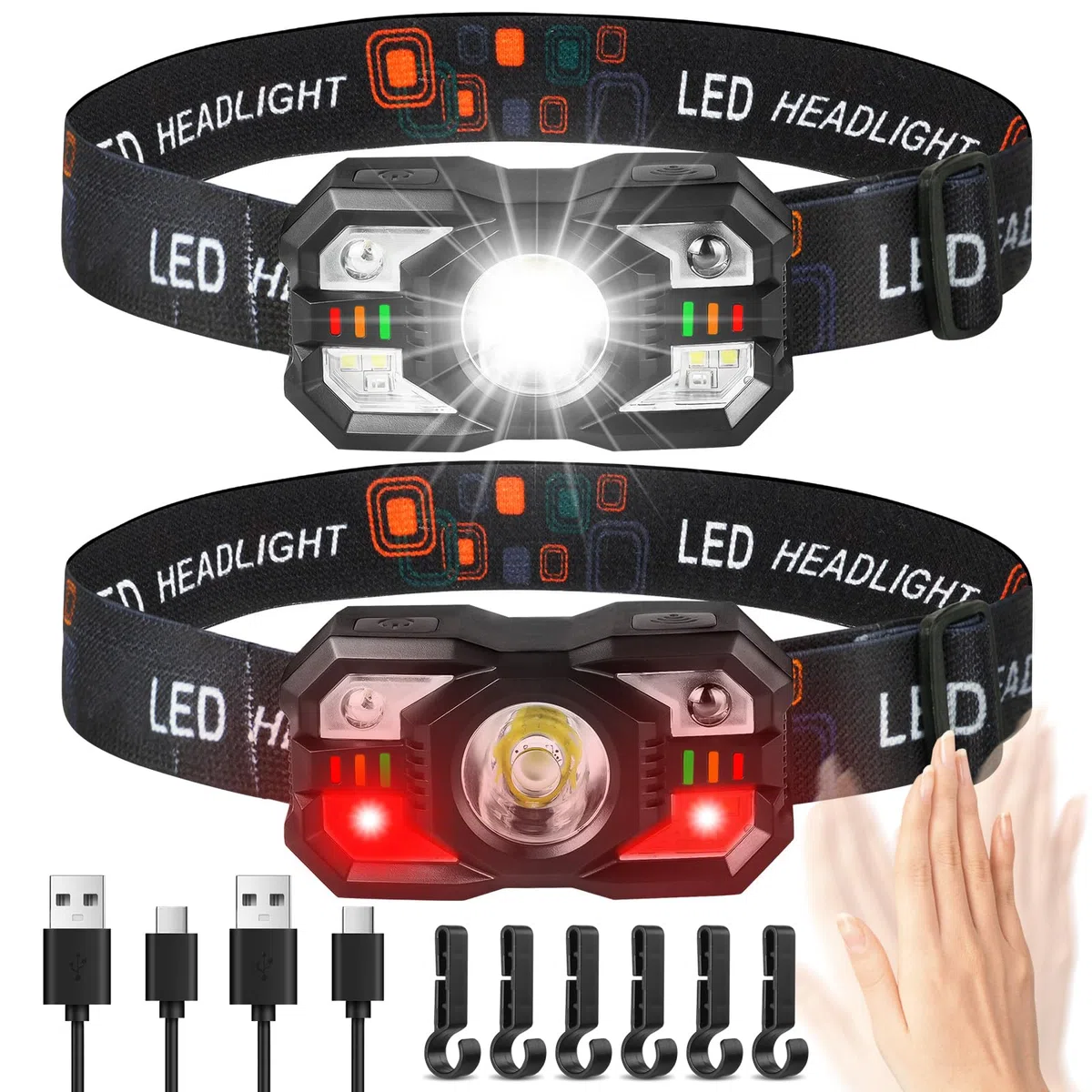 2 PCS Torcia Frontale LED Ricaricabile, 5 Modalità di Illuminazione con Sensore di Movimento, Impermeabile e Leggero Lampada da Testa, Super Luminoso Lampada Frontale per Campeggio/Corsa/Pesca