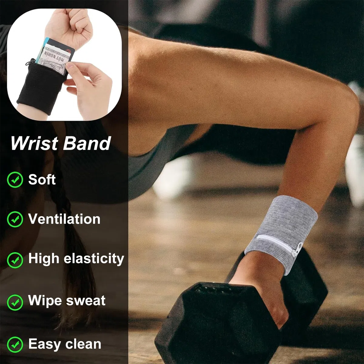 6 fasce per il sudore, da polso, con chiusura lampo, per allenamento, sport, saldatura, con tasca, per donna, uomo, fitness, corsa