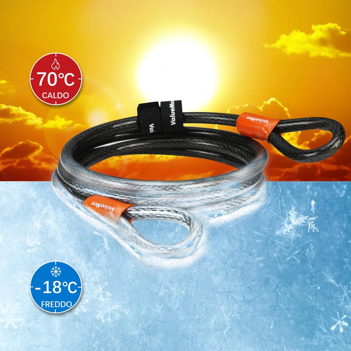 ValueMax Cavo di Sicurezza Bici 213cm x 12mm, Cavo Acciaio Doppio Anello con Rivestimento in PVC, per una Protezione Completa quando Utilizzato con Lucchetto a U