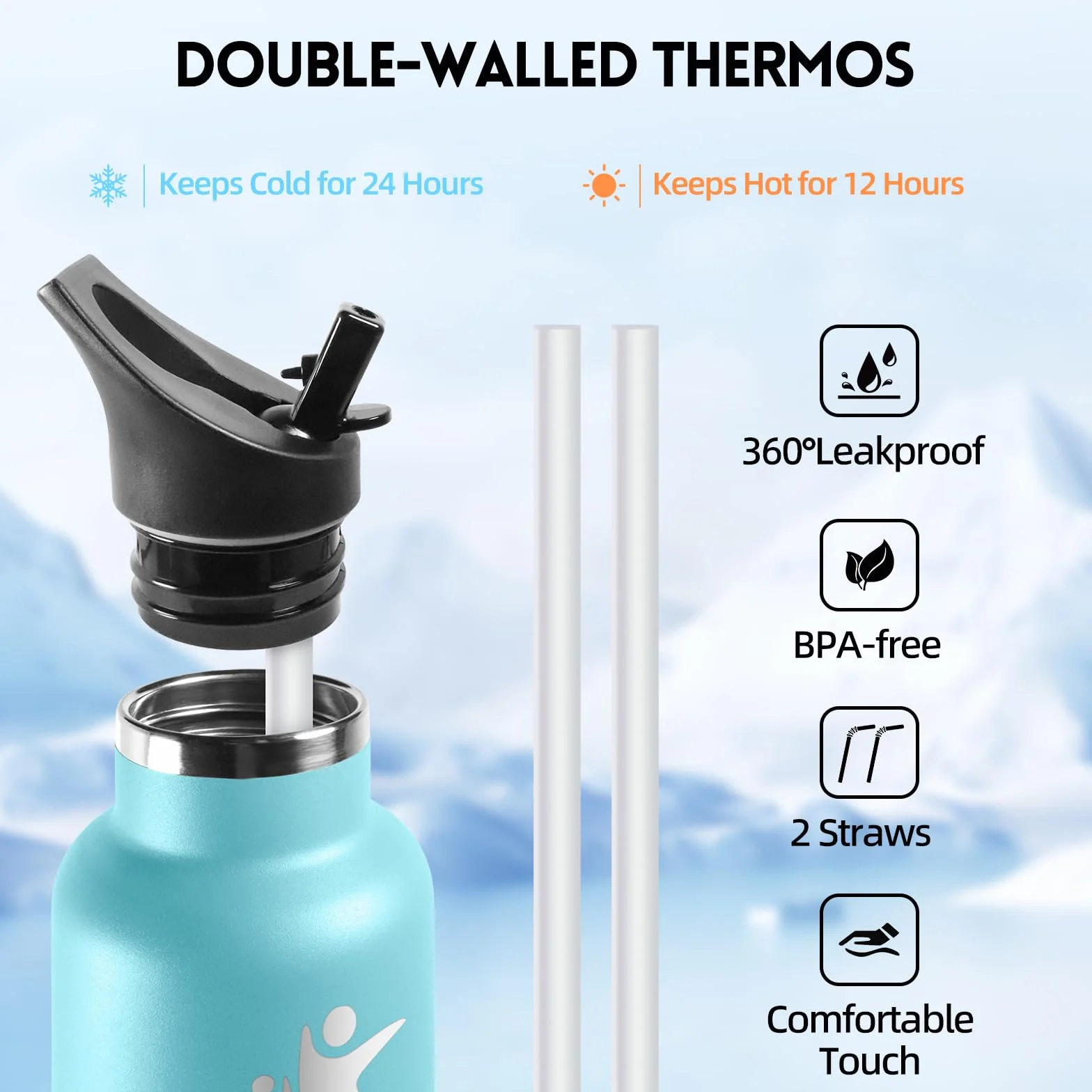Borraccia Termica 500ml Acciaio Inox 18/8 Termos Senza BPA Antiperdita Palestra Sport Viaggi