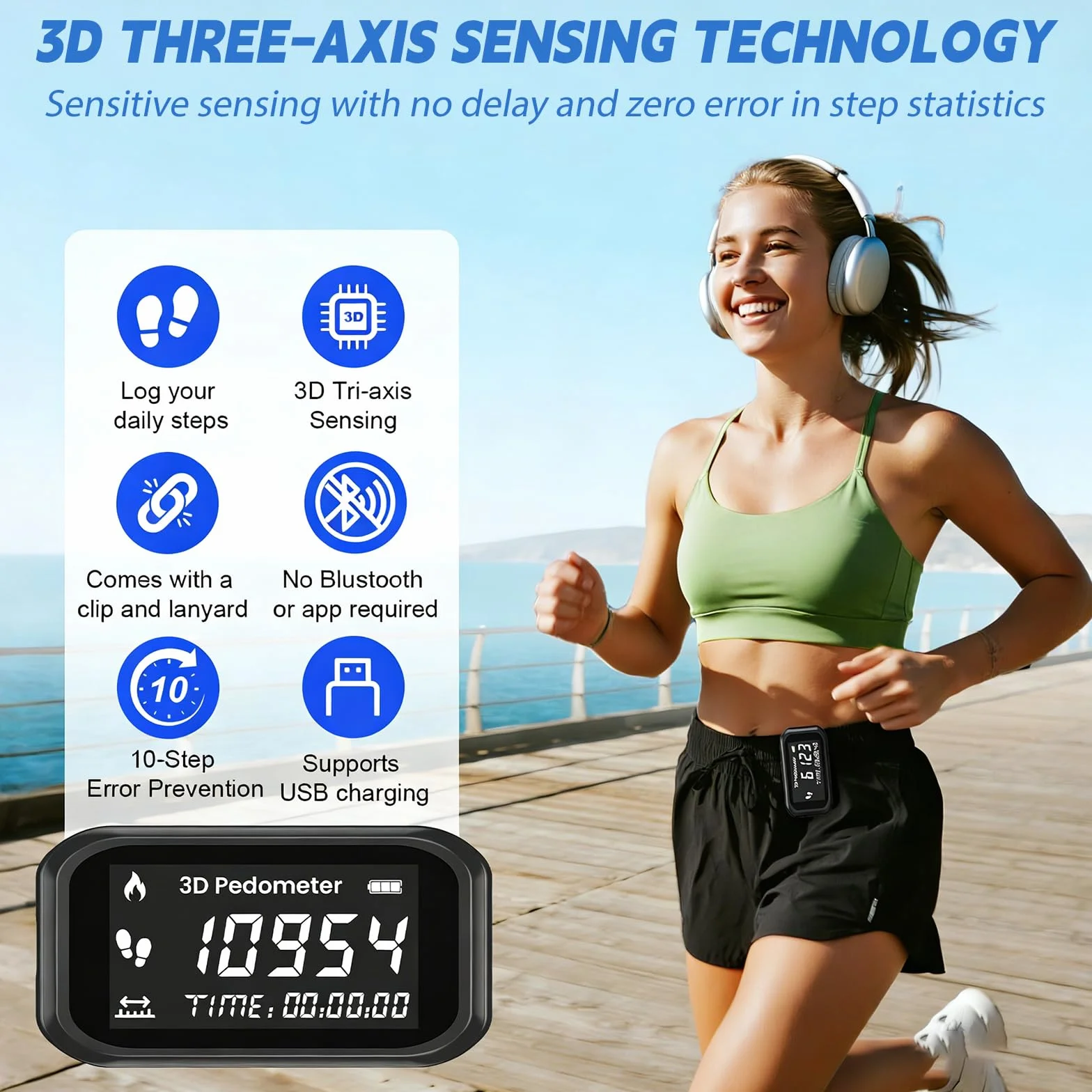 Contapassi 3D per camminare, contapassi di precisione con clip portachiavi, semplice contapassi per camminare con display LCD, tracker per camminare, escursioni, sport, allenamento