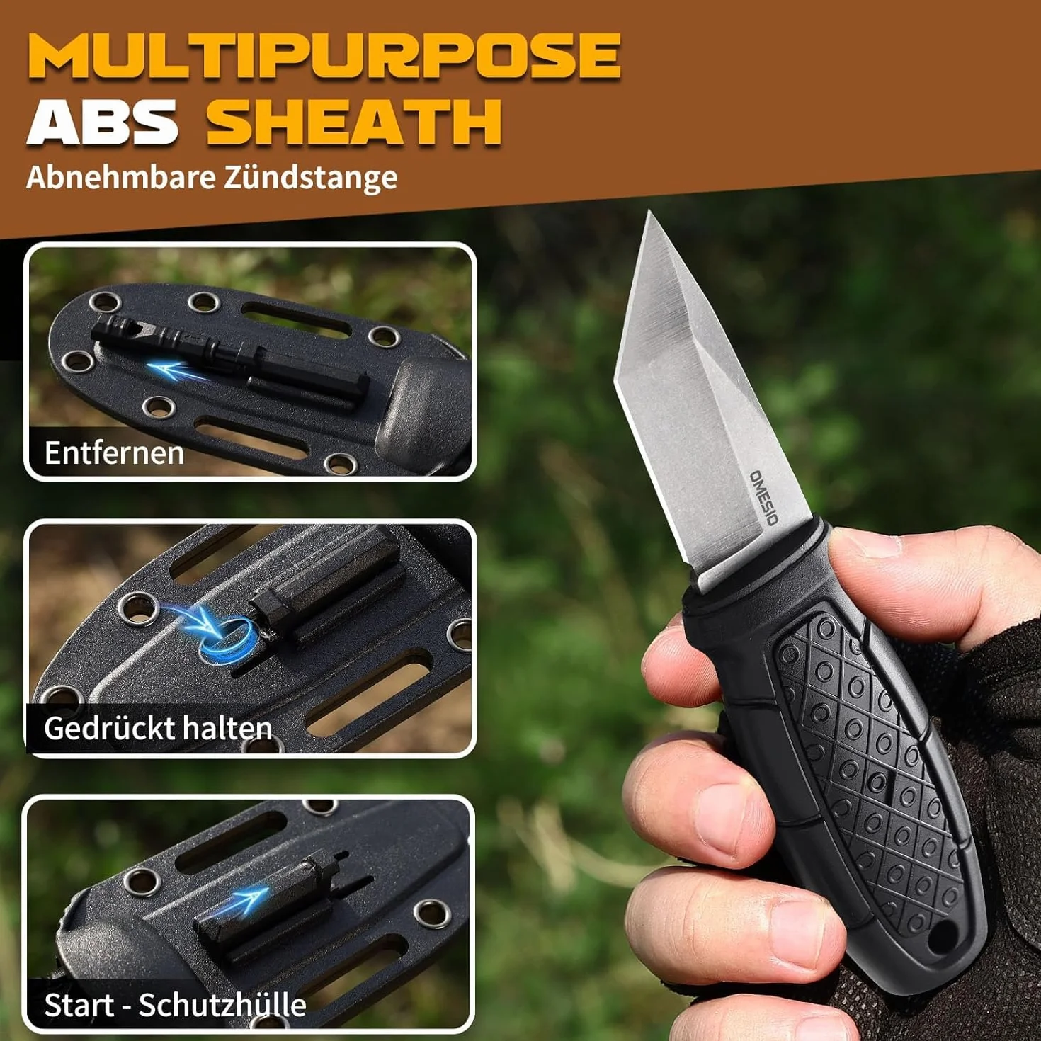 Omesio Coltello Da Caccia Tanto, Coltello Da Esterno Con Lama Da 6 Cm EDC, Manico in PP Con Lama in Acciaio 5cr14mov, Fodero in ABS, Catena a Sfere,Unisex, Adatto Per Escursionismo e Campeggio