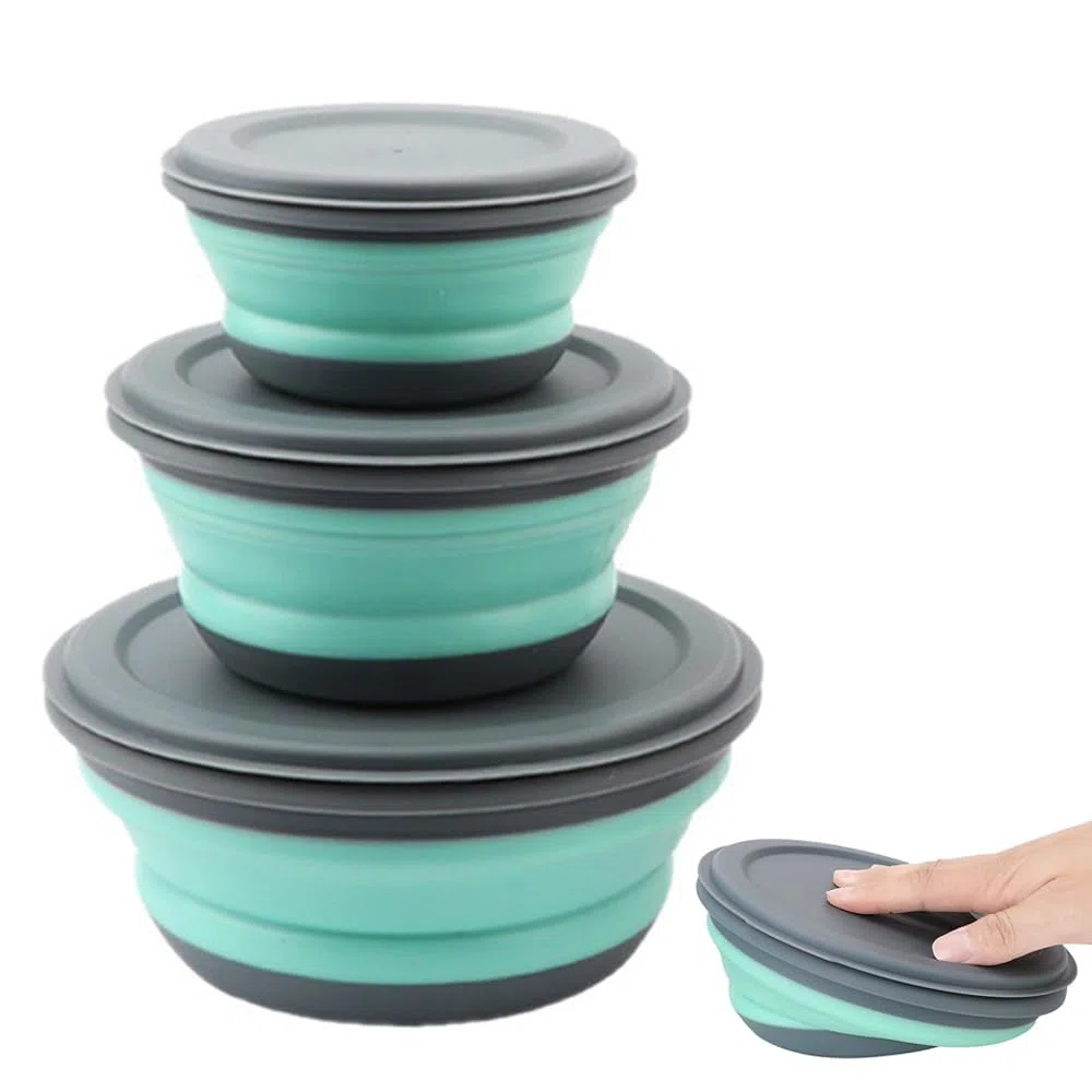 Ciotola pieghevole con coperchio, 3 pezzi, da campeggio, pieghevole, per insalata, portatile, pieghevole, per campeggio, escursioni, cucina, scuola all'aperto (verde)