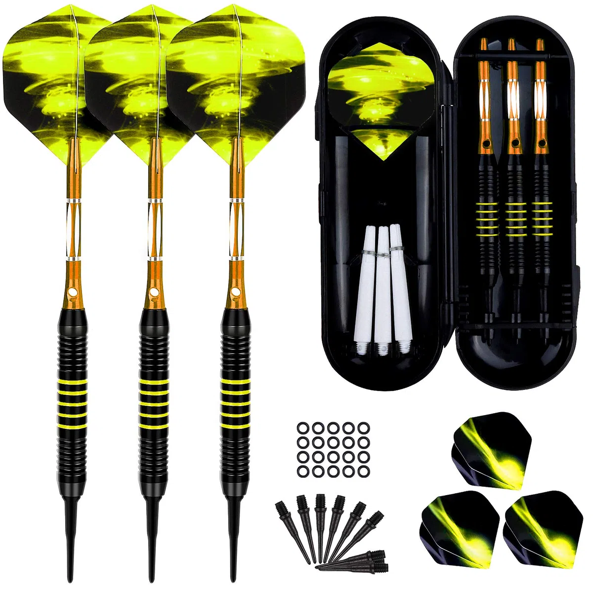 Freccette Professionali Punta Plastica 18g, Set di Freccette Elettronico per Bersaglio Elettronico con 6 Voli e 50 Punte Morbide di Freccette + 20 O-Anelli, Set di 3 Freccette Morbide