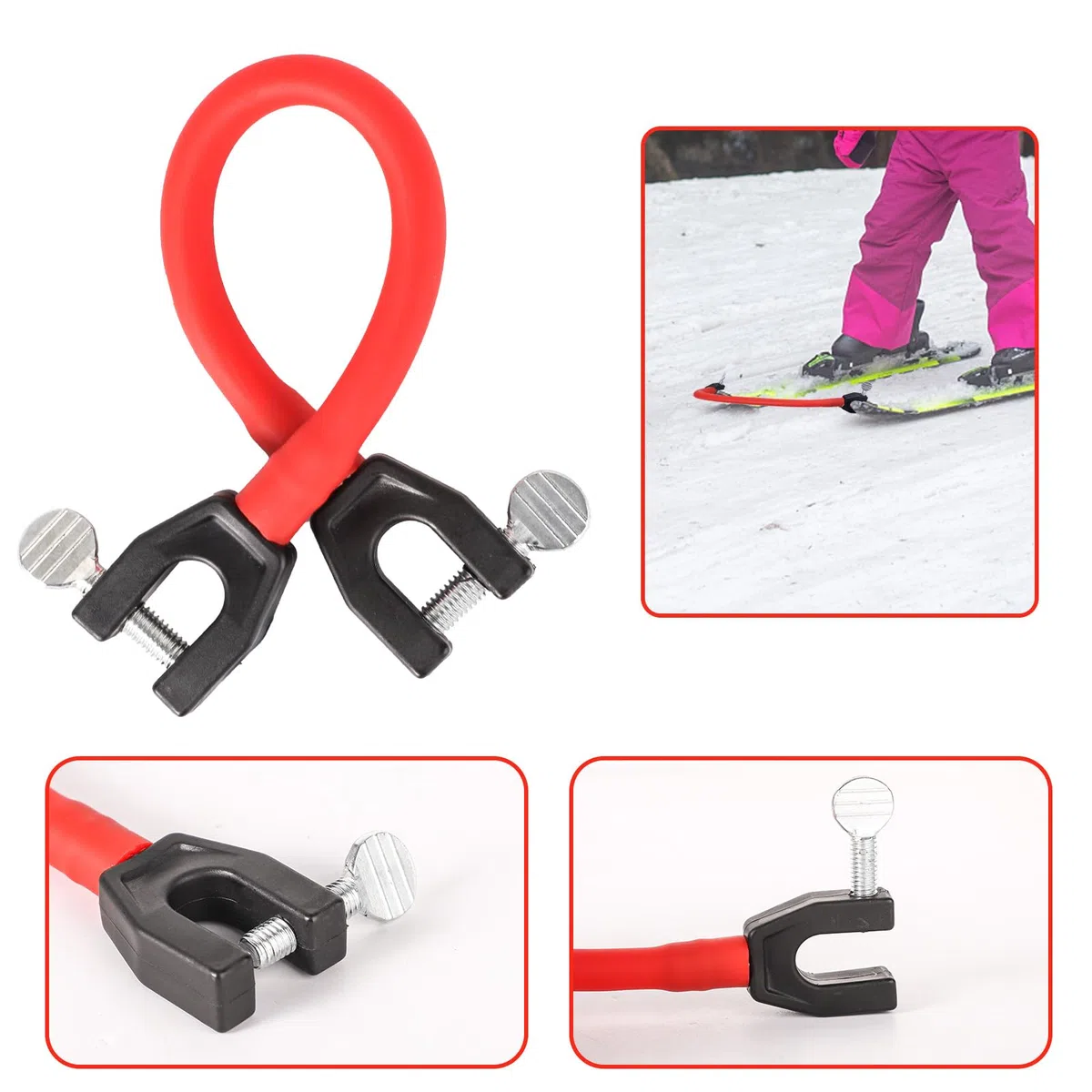 2 Pezzi Connettore per Punta da Sci per Bambini, Connettore da Sci Portatile Aiuto per l'Allenamento dello Sci Accessori per Snowboard per Bambini, Principianti (Nero, Rosso)