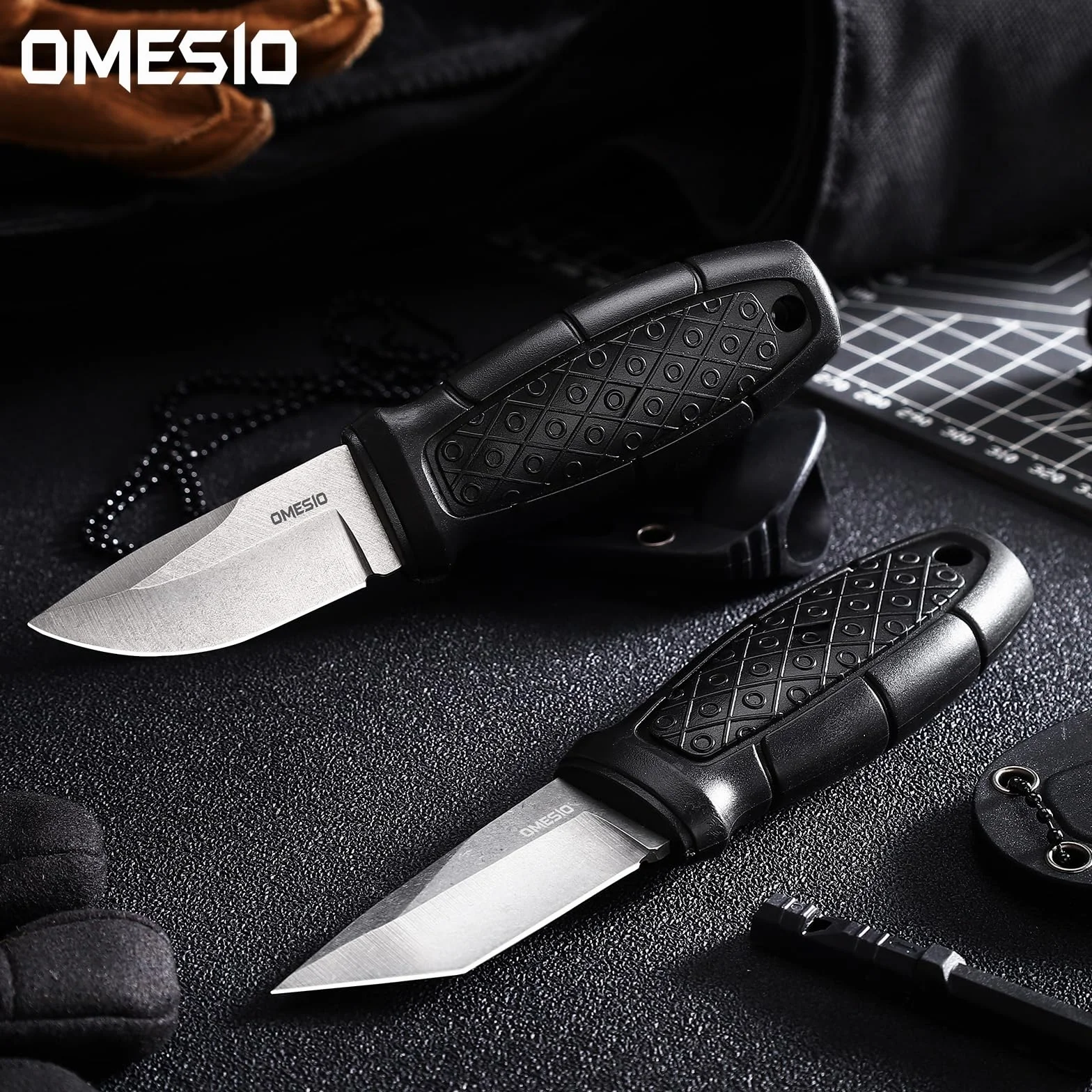 Omesio Coltello Da Caccia Tanto, Coltello Da Esterno Con Lama Da 6 Cm EDC, Manico in PP Con Lama in Acciaio 5cr14mov, Fodero in ABS, Catena a Sfere,Unisex, Adatto Per Escursionismo e Campeggio