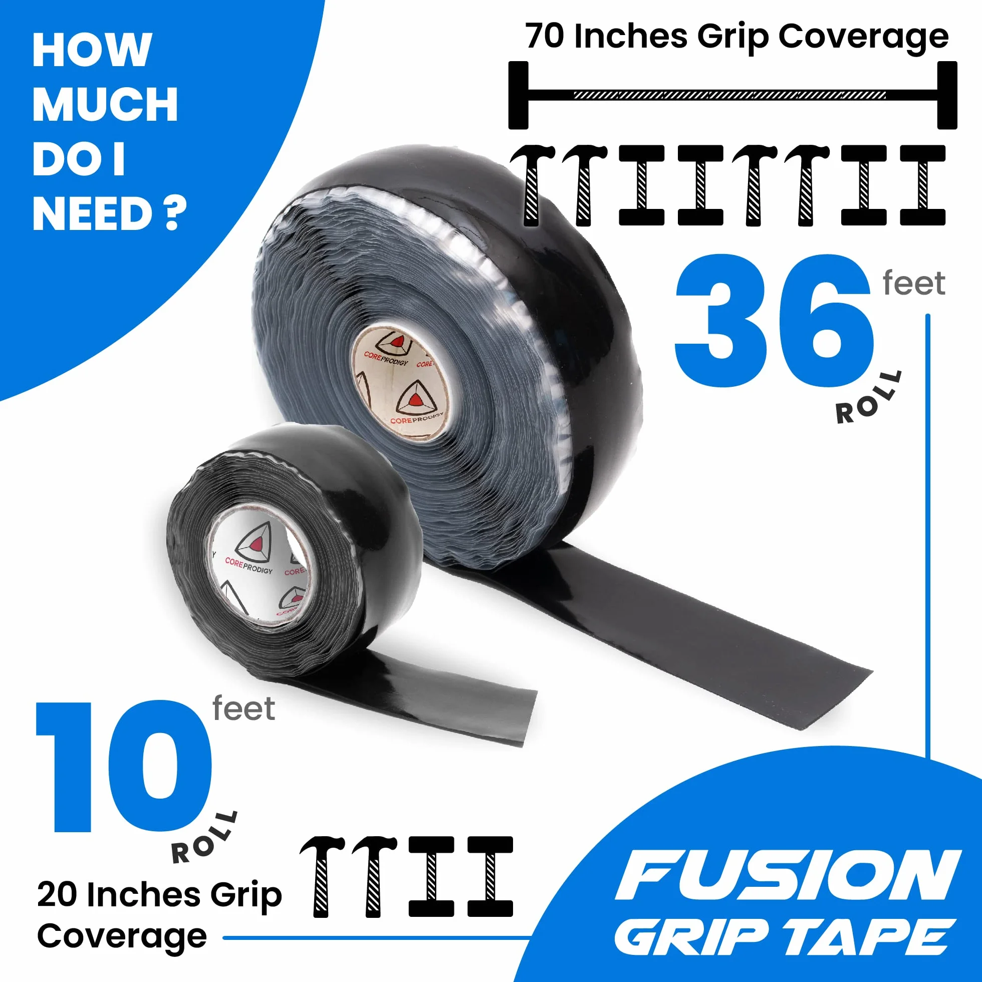 Core Prodigy Fusion - Nastro antiscivolo in silicone e rivestimento in gomma per barre di trazione, bilancieri, manubri, attrezzature sportive e da palestra e strumenti (304,8 cm)