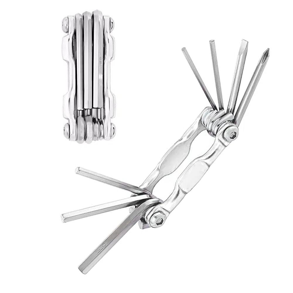7 in 1 Strumento Bicicletta, Attrezzo Bici Multifunzione, Attrezzi Riparazione Bicicletta Mini, Multitool Bici Pieghevole e Portatile (Argento)