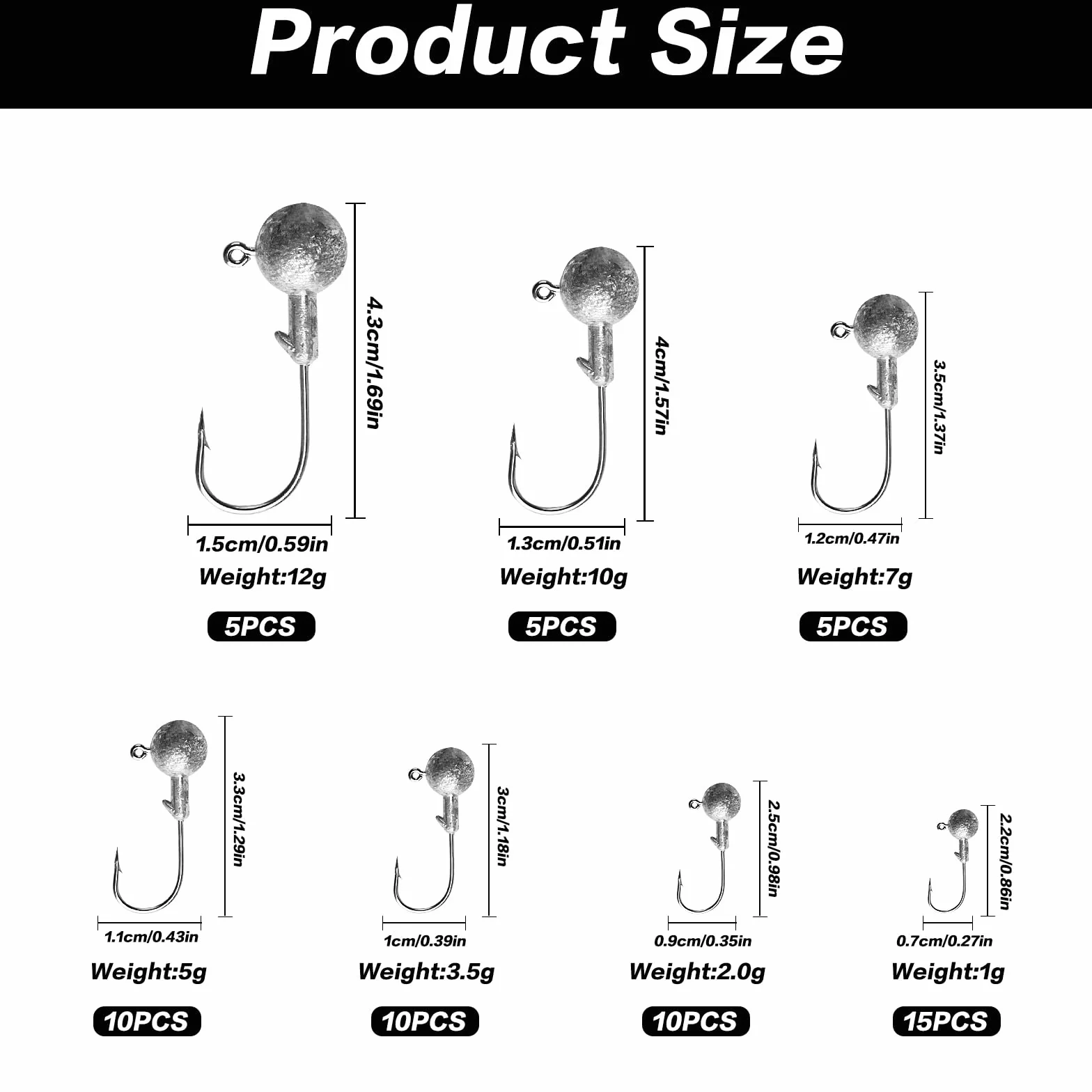 Set di 60 piccole testine jig, 7 misure di ami da pesca, ami jig per esche morbide, testine jig per esche morbide, accessori da pesca (1 g, 2 g, 3,5 g, 5 g, 7 g, 10 g, 12 g)