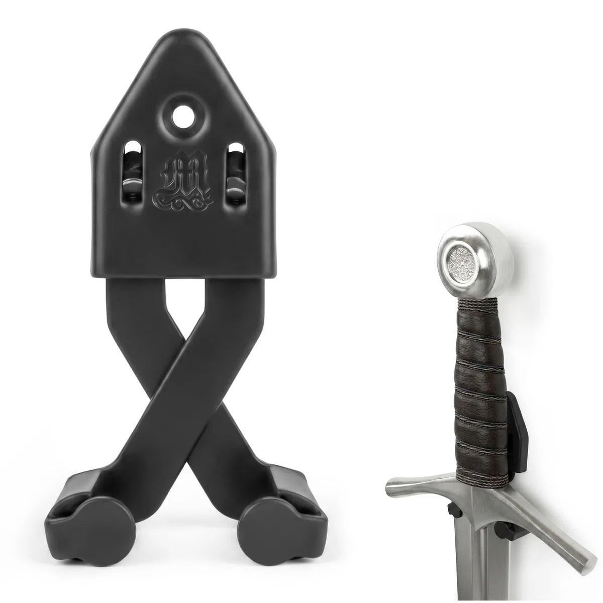 Mythrojan Supporto da parete per spada singola in metallo, supporto verticale da parete, regolabile, multifunzione, supporto decorativo da parete per ascia, coltelli, nero, grande