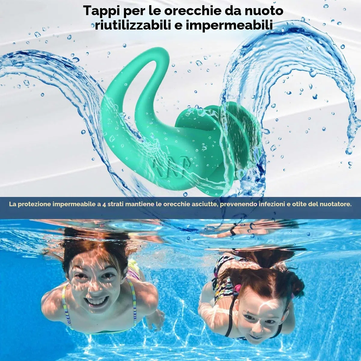 Tappi orecchie piscina bambini – 4 paia impermeabili riutilizzabili in morbido silicone tappi per le orecchie per doccia, nuoto, surf, snorkeling e altri sport acquatici