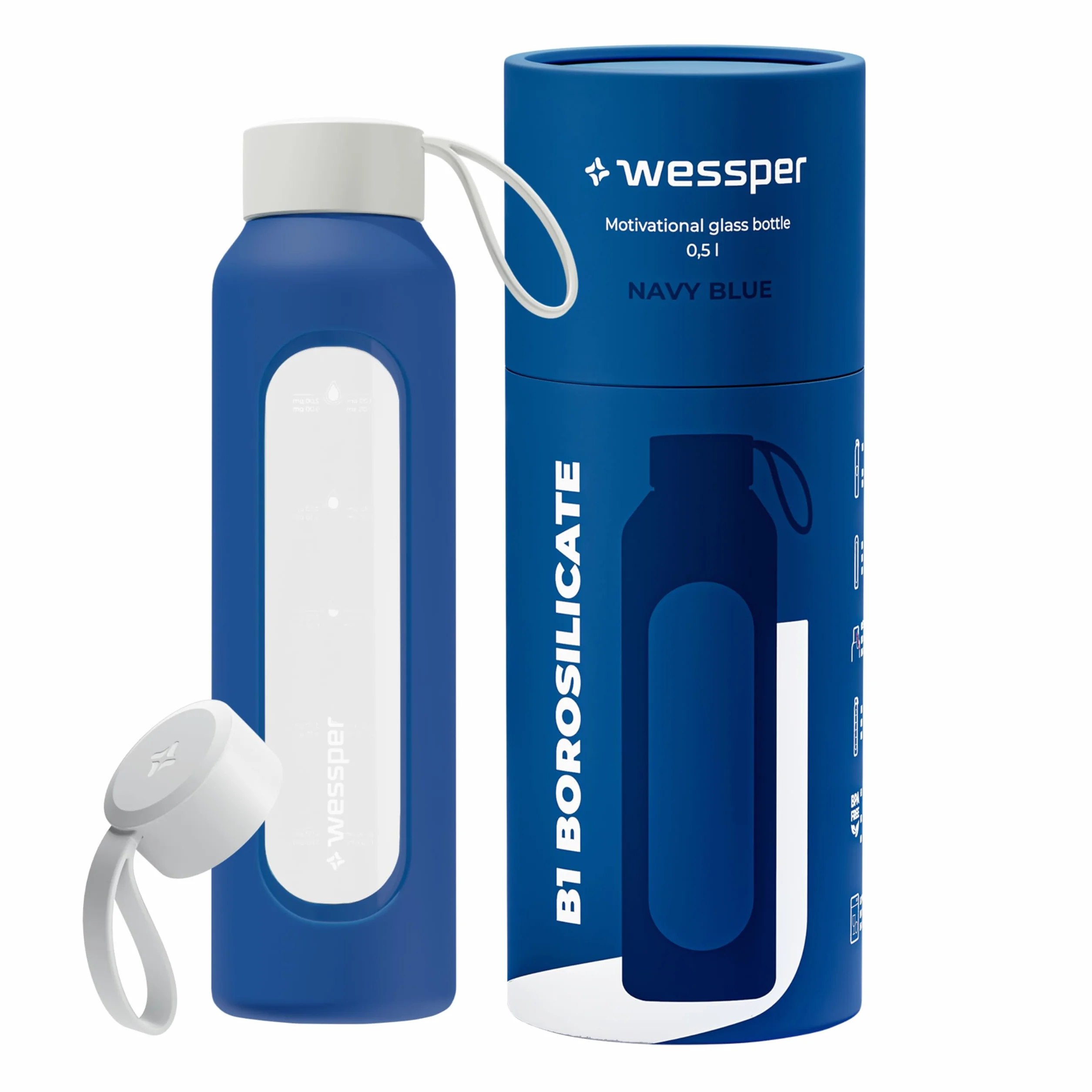 Wessper Borraccia 500 ml, bottiglia motivazionale in vetro borosilicato con custodia in silicone, senza BPA – Blu