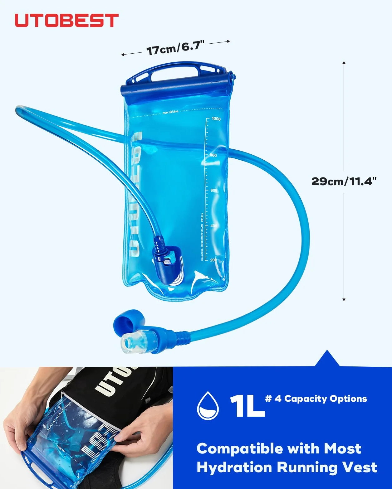 UTOBEST Sacca Acqua Idratazione 1L 1.5L 2L 3L Senza BPA Serbatoio a Prova di Perdite per Corsa Ciclismo Campeggio