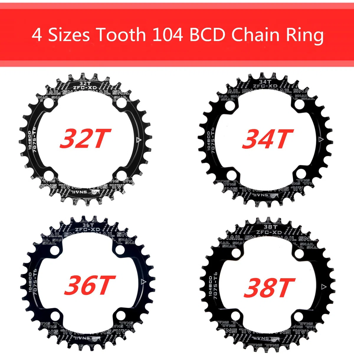 BOAO Corona 104 BCD 32T 34T 36T 38T Anello Catena Singola Stretta Larga con 4 bulloni per pignone per Bici da Strada, Mountain Bike, BMX MTB (Nero, 32T)