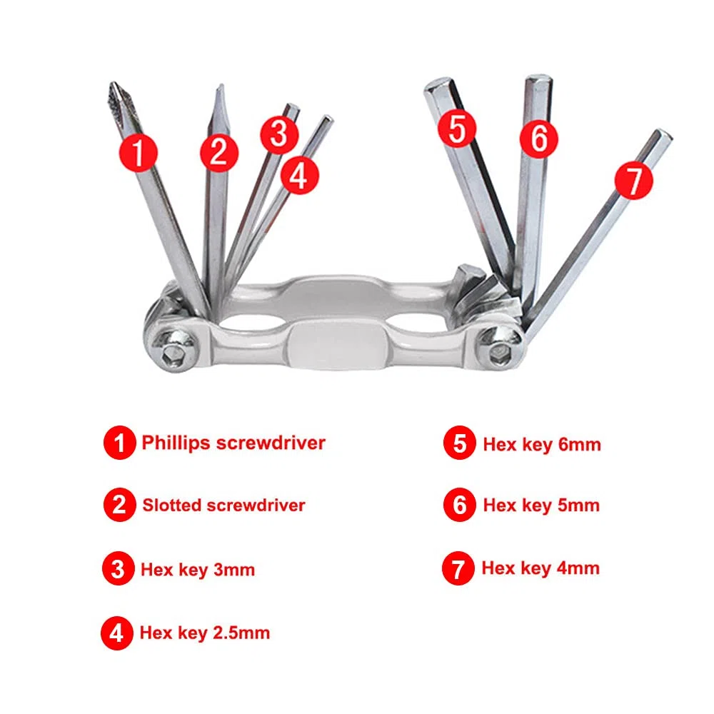 7 in 1 Strumento Bicicletta, Attrezzo Bici Multifunzione, Attrezzi Riparazione Bicicletta Mini, Multitool Bici Pieghevole e Portatile (Argento)