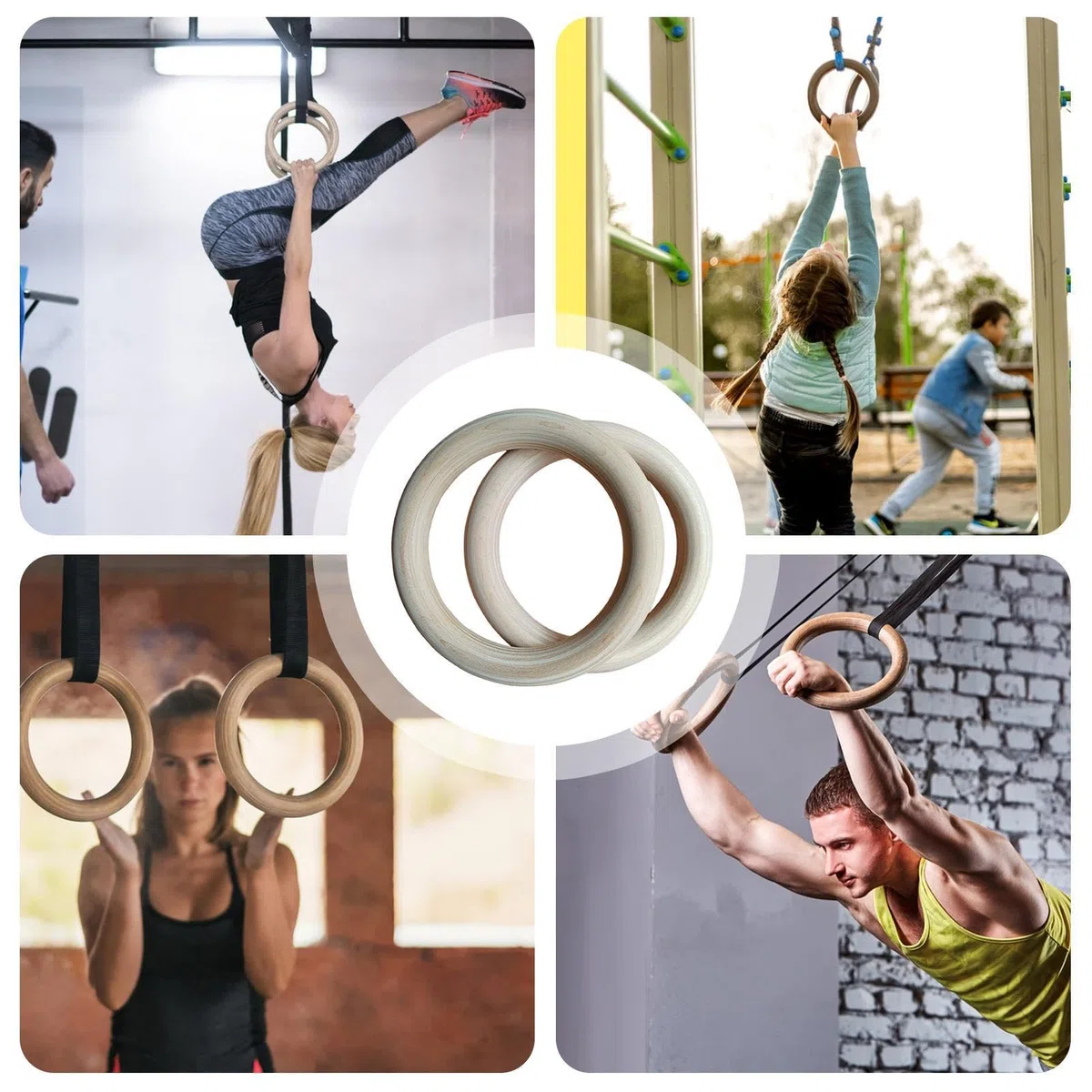 Generico Anelli da Ginnastica in Legno Premium – Set di 2 Anelli per Calisthenics, Cross-Training E Home Gym – Aneli Fitness Antiscivolo per Trazioni – Indoor & Outdoor